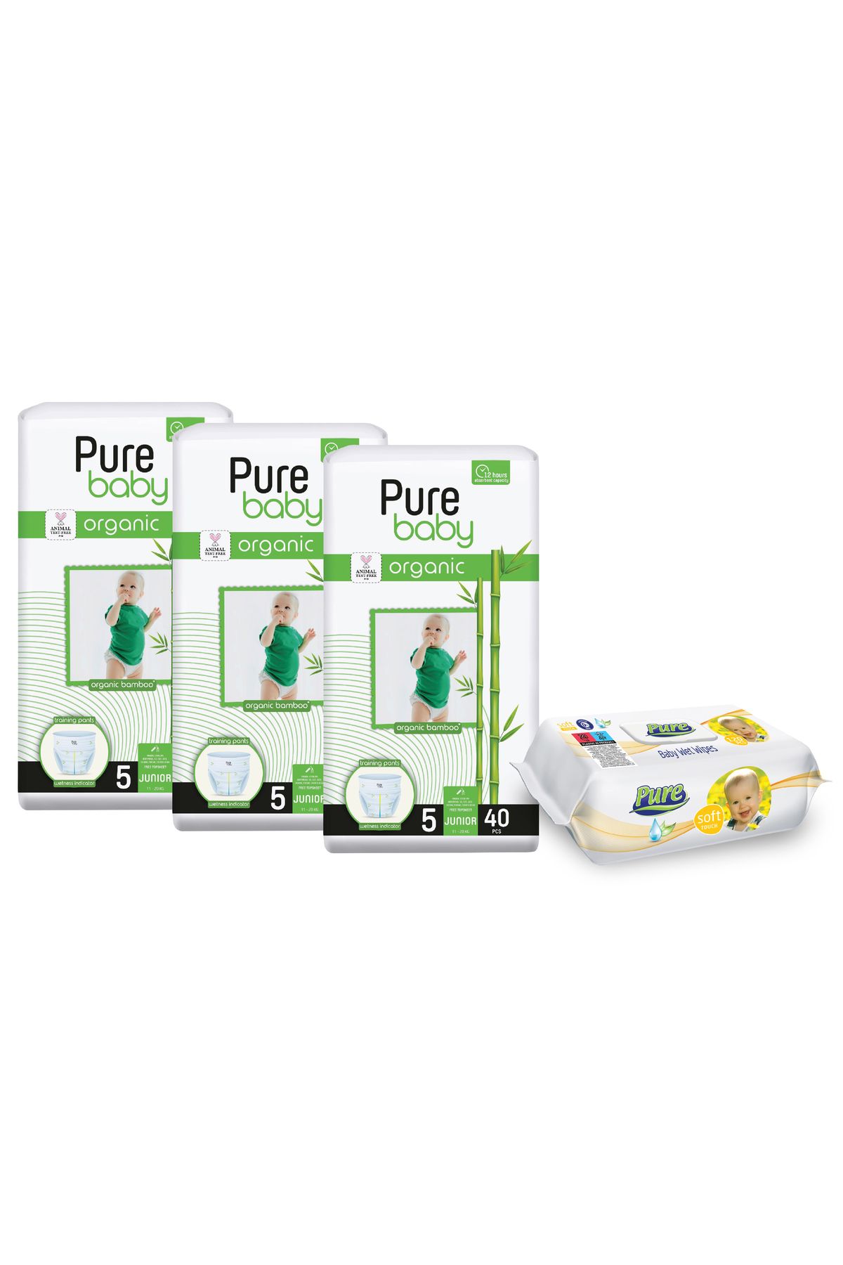 Pure Baby Set 3x Scutece Umede Din Bambus Organic Nr. 5, 120 Buc. 1x Șervețele Umede, 120 - One Size