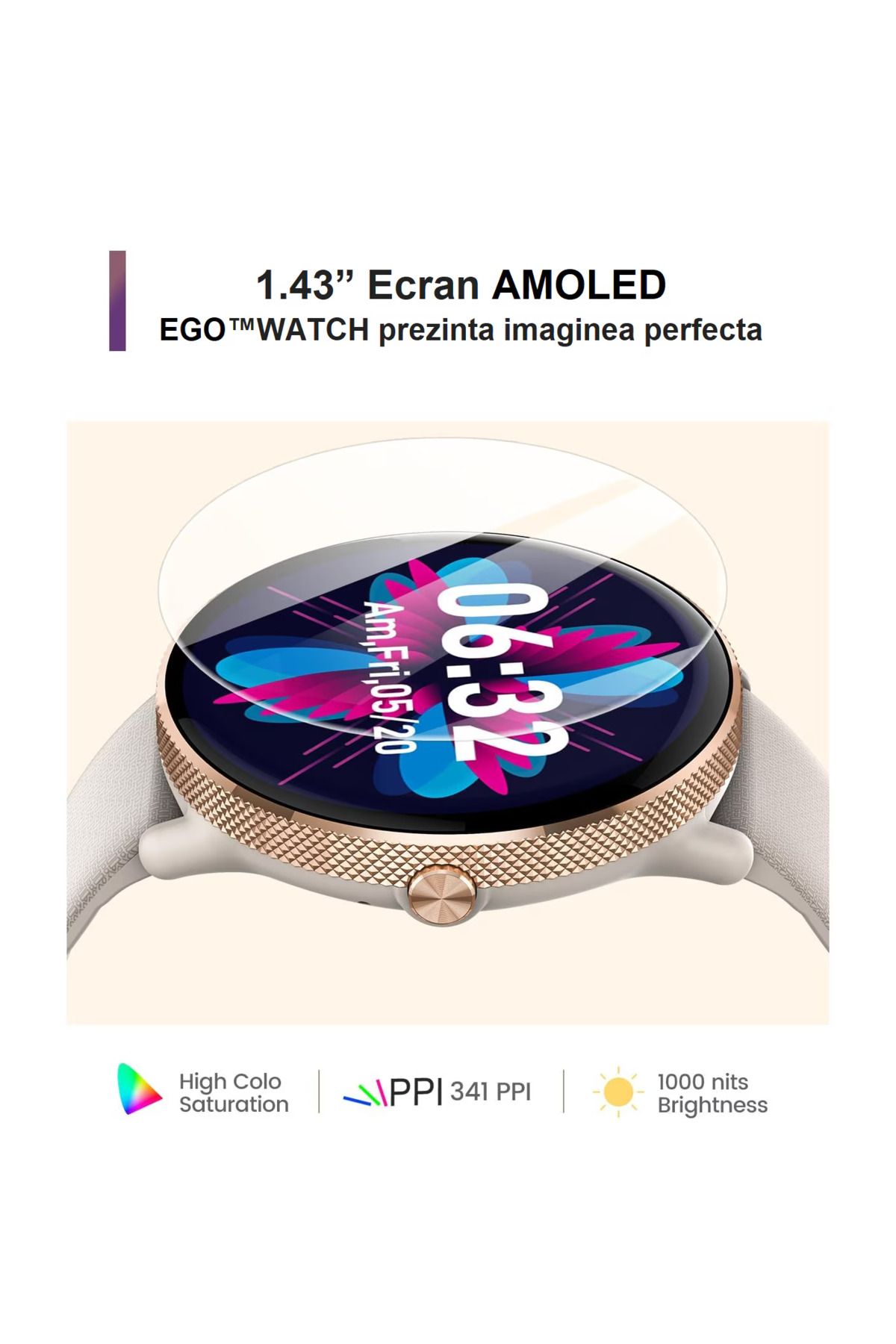 Smart Vibe-Smartwatch Dynamic AMOLED EGO™WATCH 1.43” Always ON Display, Bluetooth Call, Voice Assistant, Vanilla 5