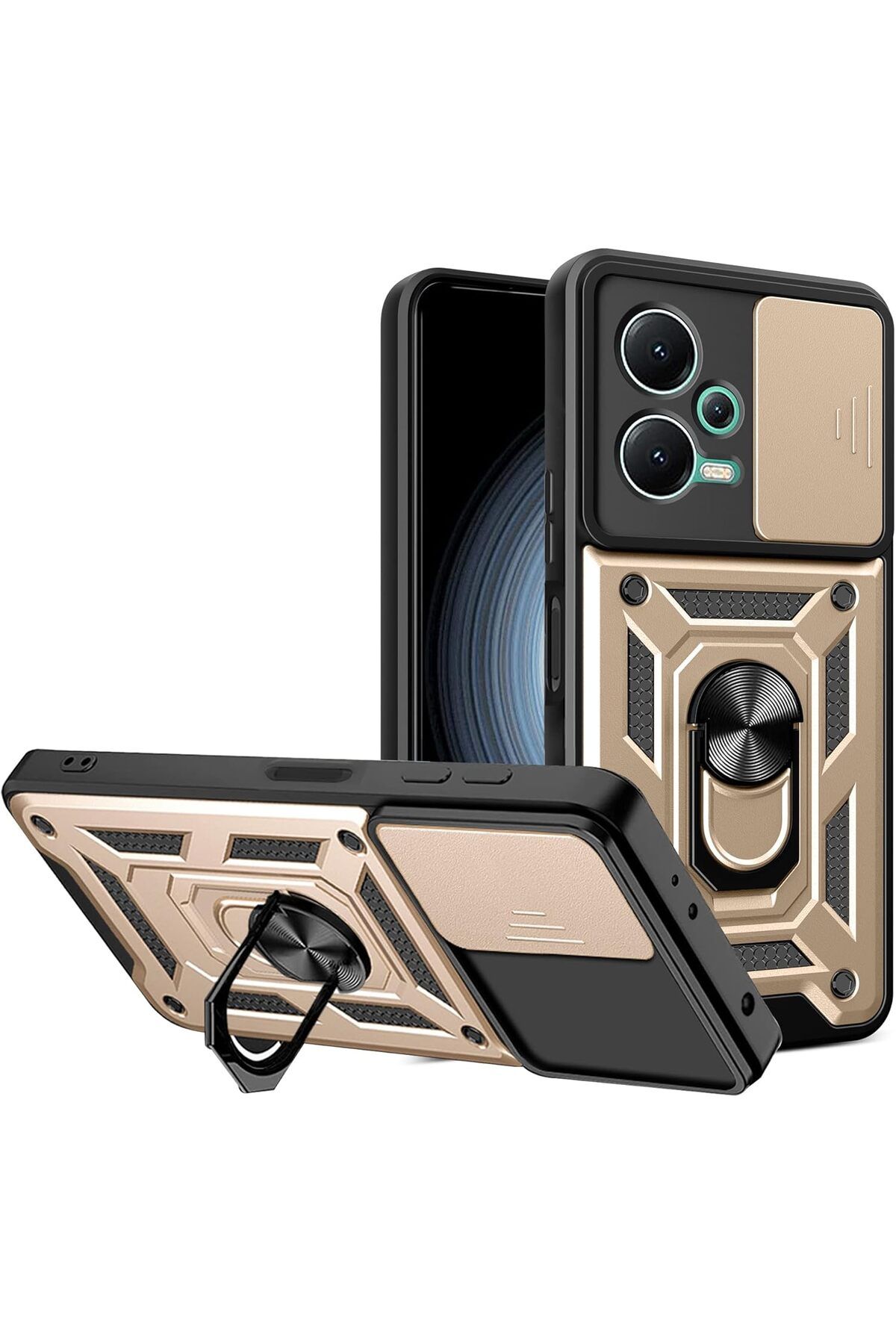 Rivor Xiaomi Redmi Note 12 5G & Poco X5 5G Kılıf Kamera Sürgülü Standlı Yüzüklü Darbe Emici Koruyucu Kapak