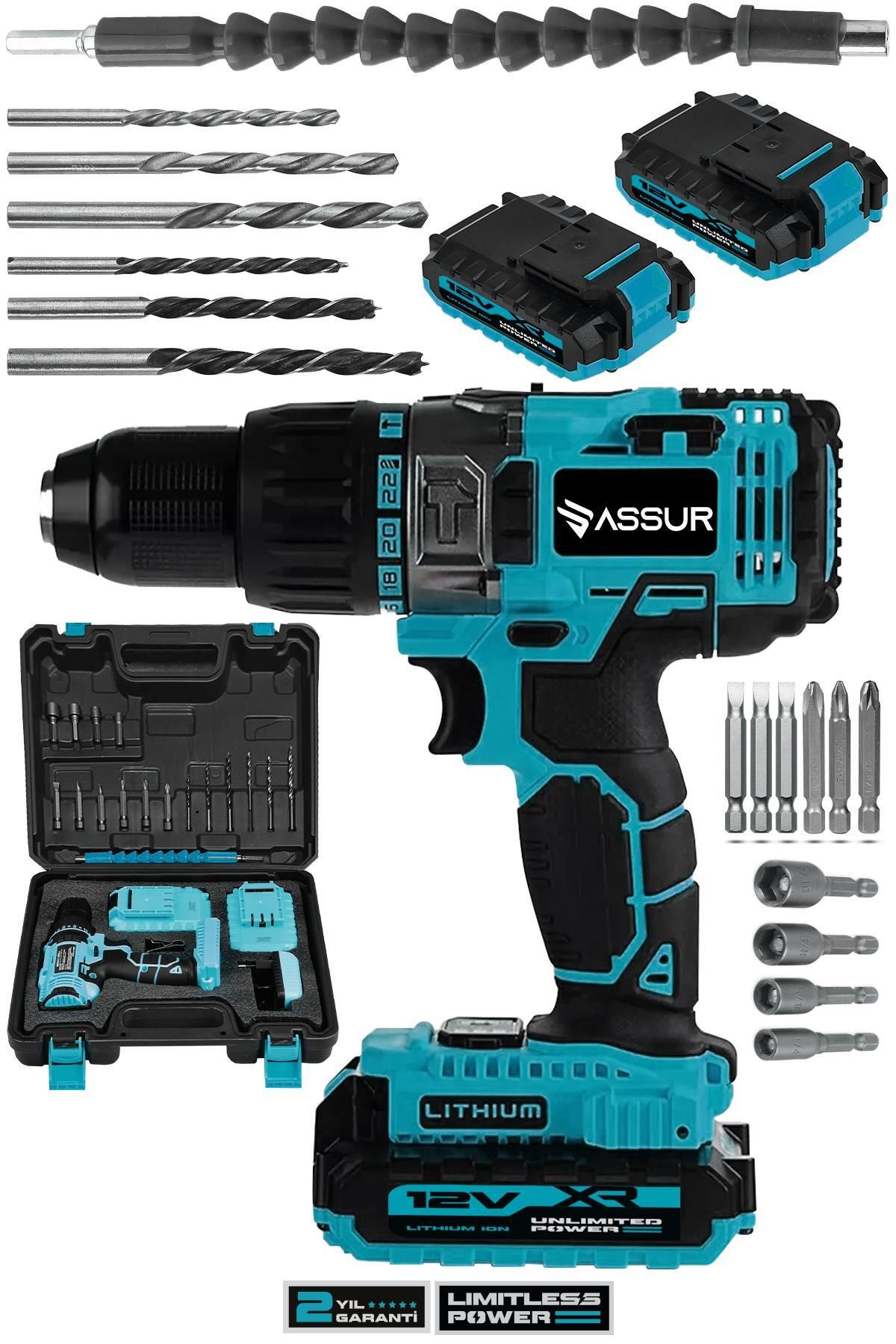 ASSUR 12V Çift Akülü Metal Şanzıman Bakır Sargı Akülü Vidalama Şarjlı Matkap
