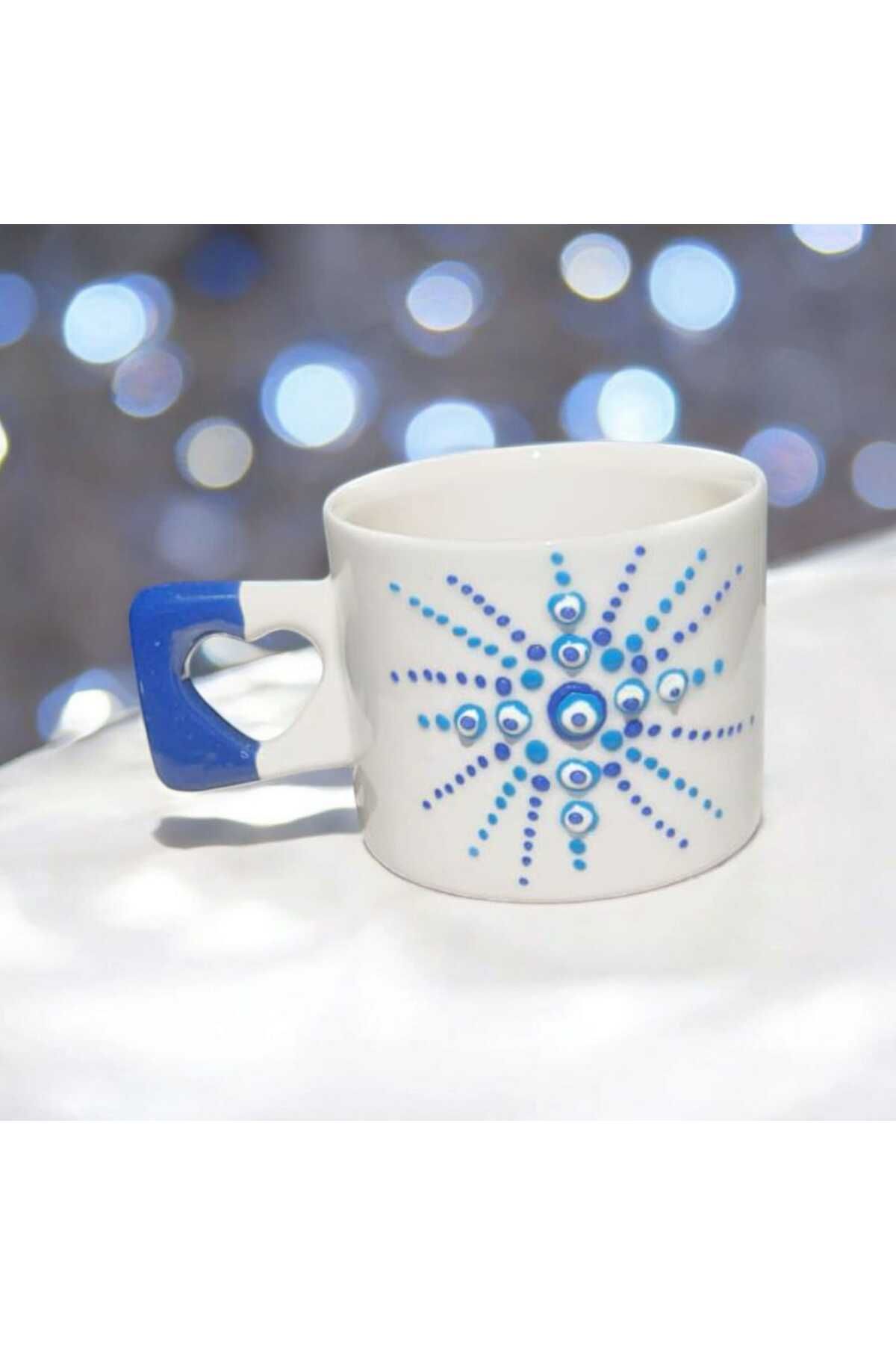 Simge Seramik Nazar Boncuğu İşlemeli Lacivert Kalp Kulp El İşi Doğal Seramik Mug Kupa Çay/ Cappuccino Fincanı