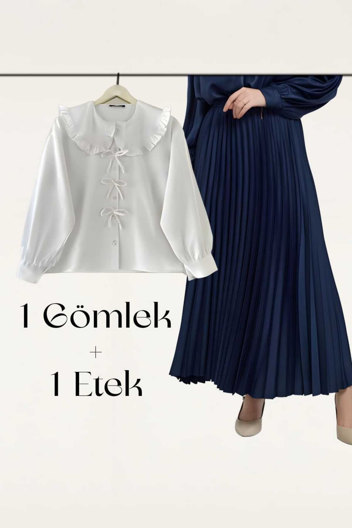 MODA Fiyonk Detay Gömlek Pilise Deri Görünümlü Etek Takım