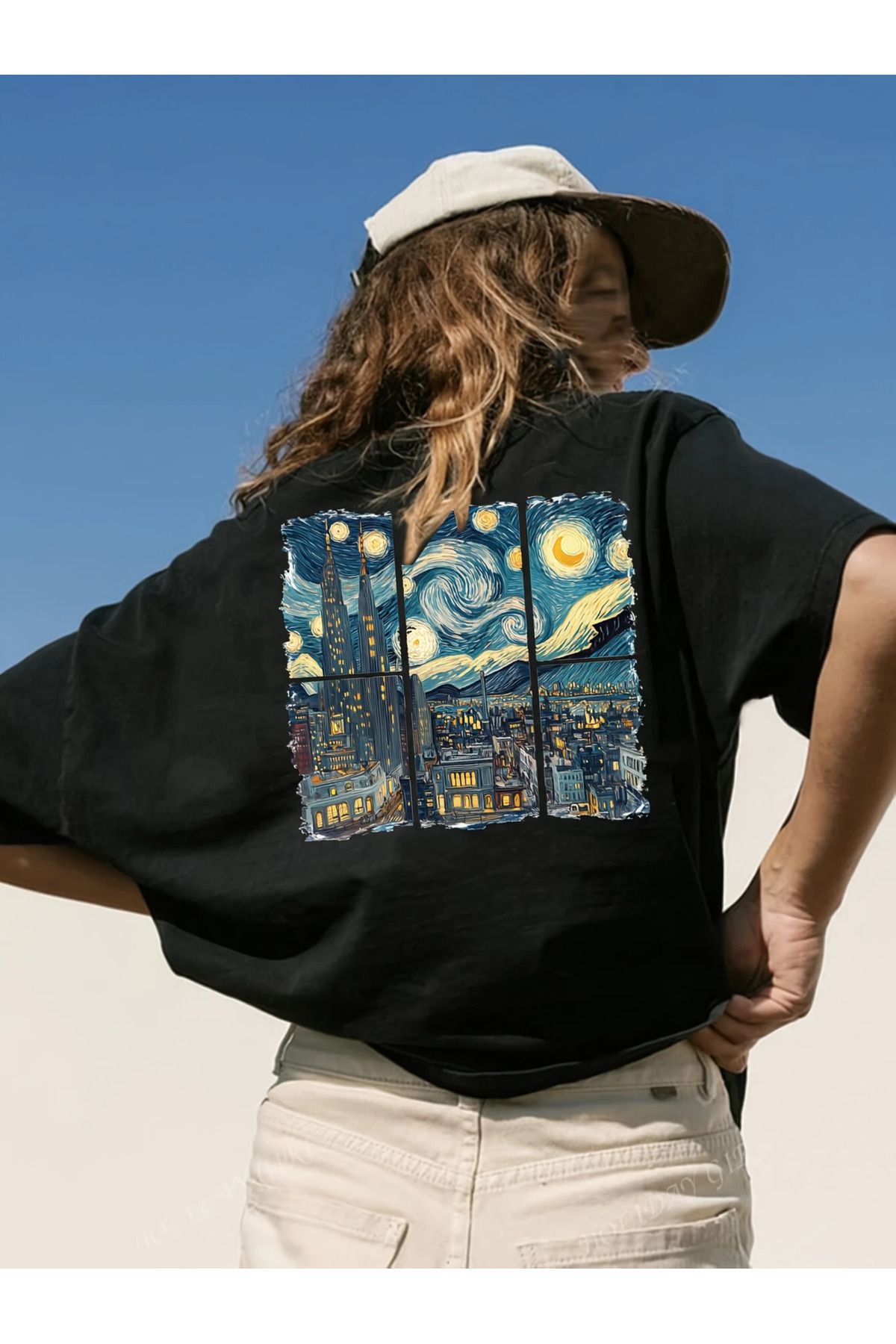 LAND MODA Kadınlar İçin Van Gogh Yıldızlı Gece & Şehir Manzaralı Grafik Tişört - Kısa Kollu Yuvarlak Yaka,