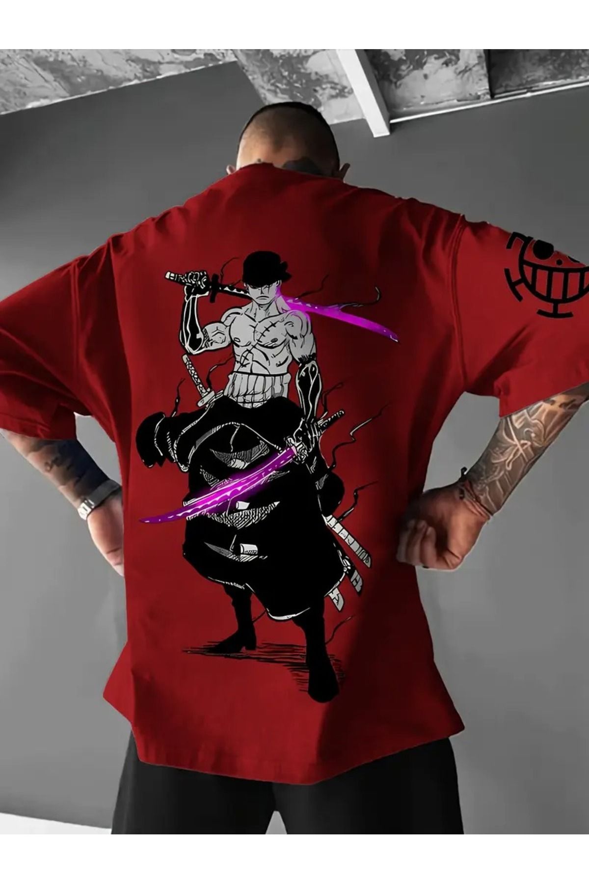 LAND MODA Erkekler İçin Anime Desenli Tişört - Mor Kılıç Savaşçısı Arka Baskılı, Yumuşak Nefes Alabilen