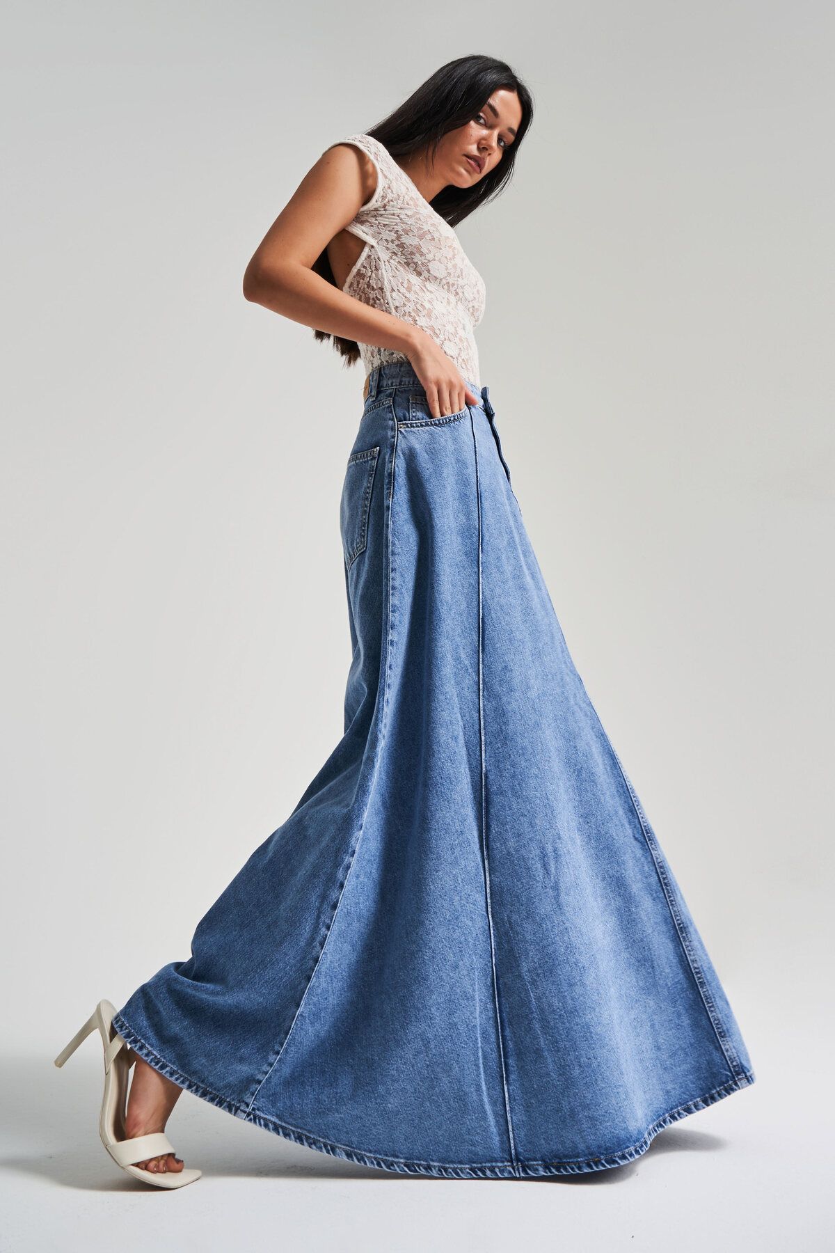 its basic Kadın Mavi Renk 1s5-4 Maxi Boy 103cm A Tipi Çan Kesim %100 koton Süper Uzun Denim Etek
