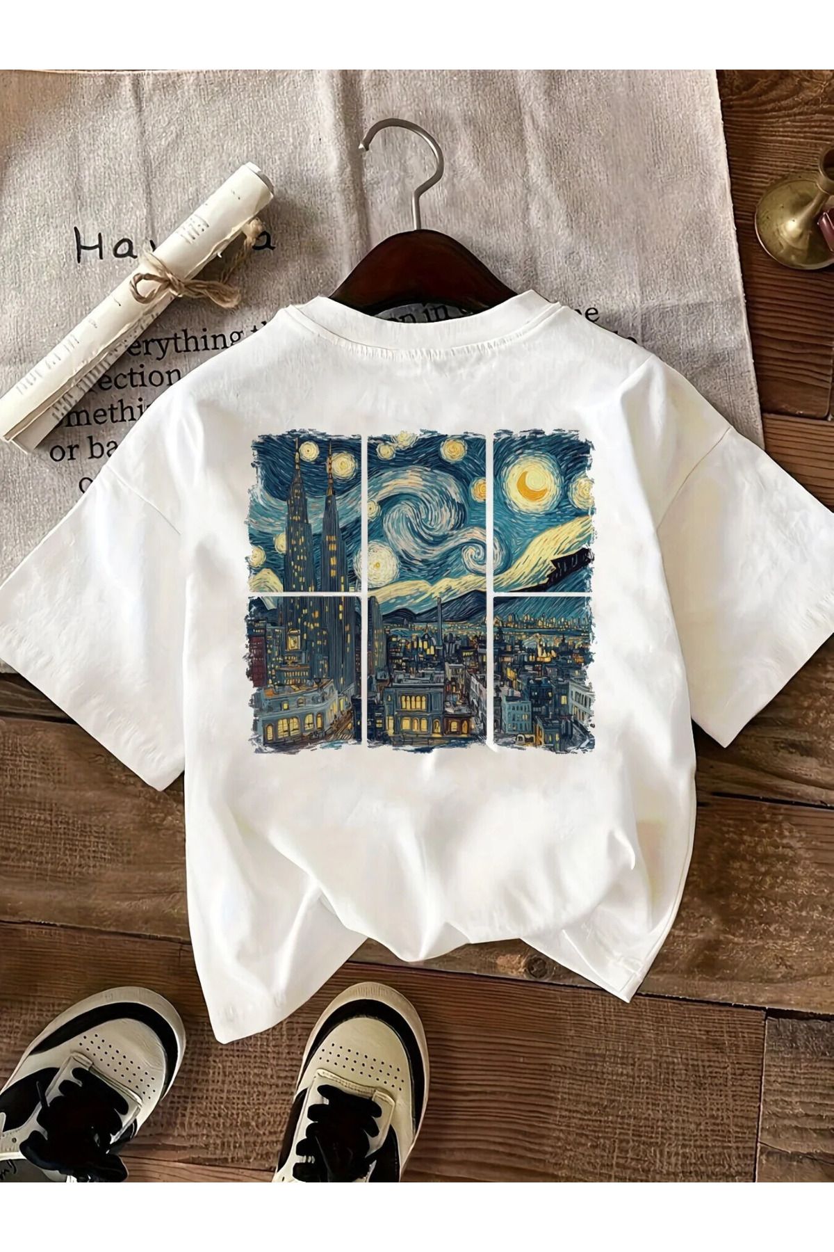 LAND MODA Kadınlar İçin Van Gogh Yıldızlı Gece & Şehir Manzaralı Grafik Tişört - Kısa Kollu Yuvarlak Yaka,