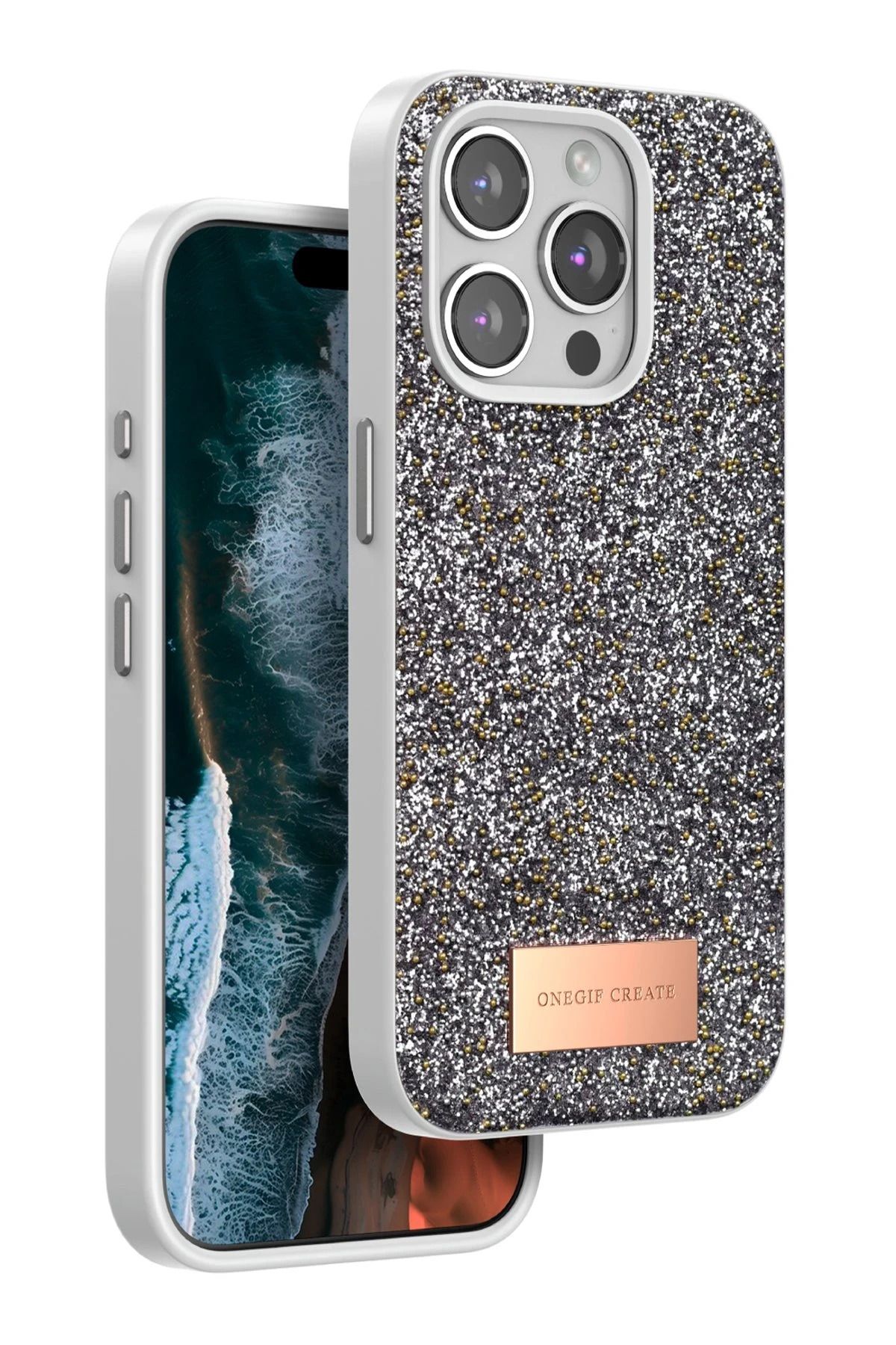 ONEGIF iPhone 14 Pro Bright Simli Kapak - Gümüş FERRG