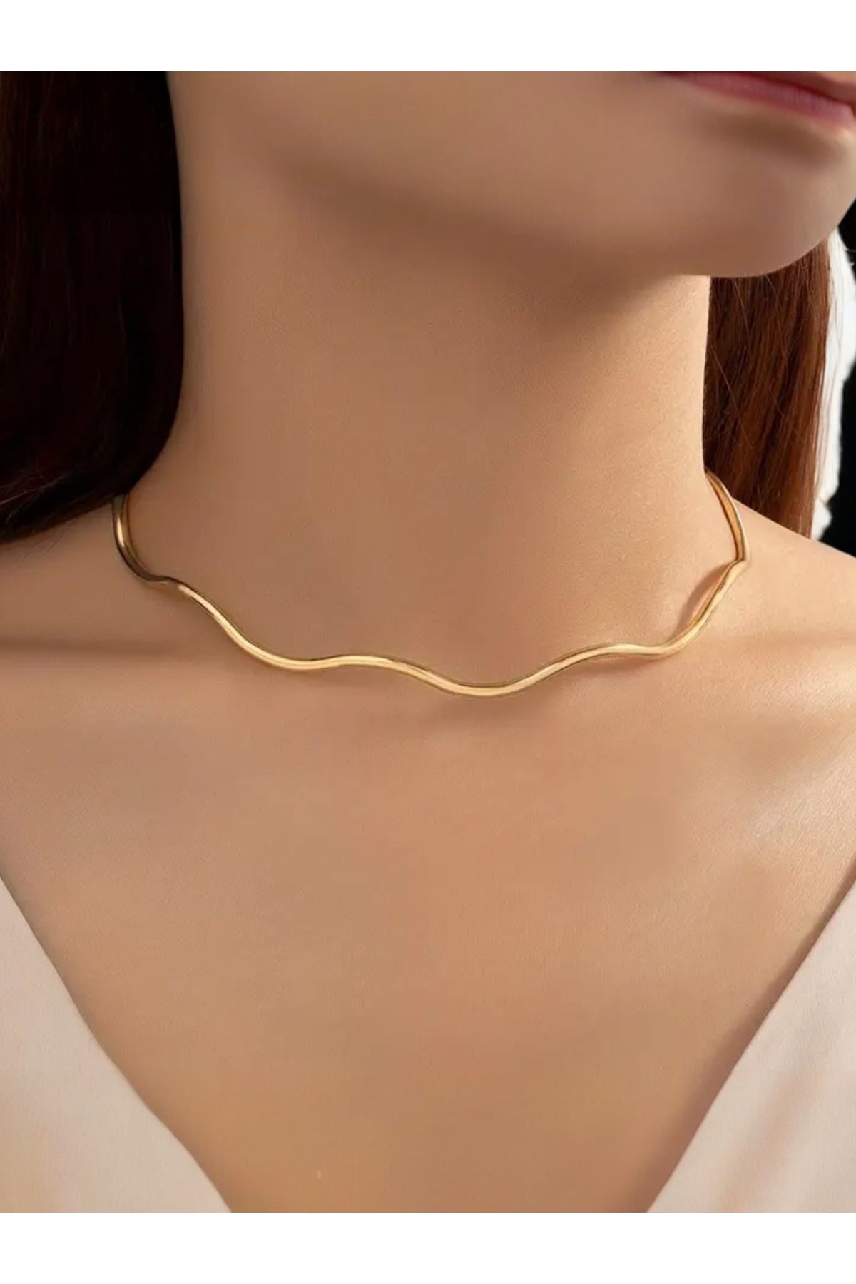 olivetree Kadın Gold Altın Renkli Çelik Dalgalı Kelepçe Kolye Minimalist Tasarım Aksesuar