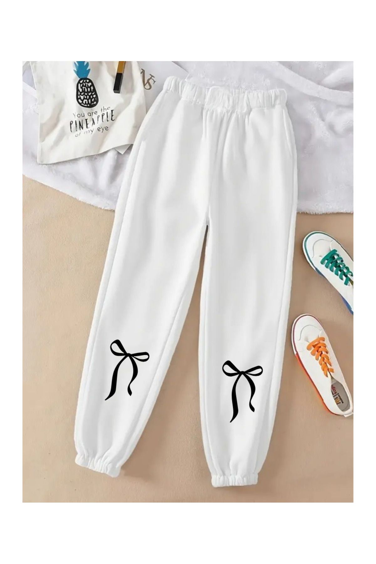 Touz Moda Ribbon Baskılı Unisex Beyaz Eşofman Altı