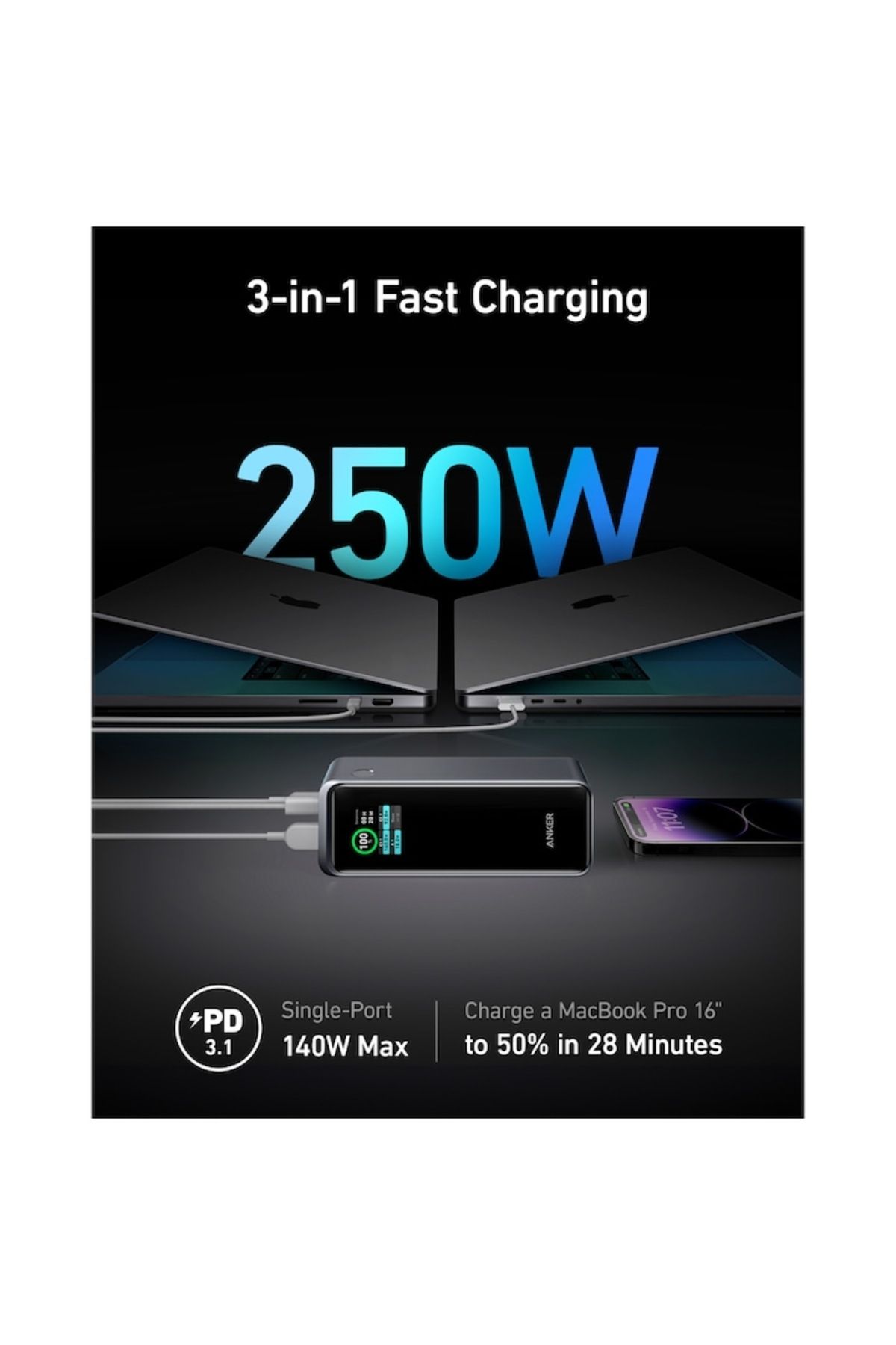 Anker-External Battery Anker Prime, 27,650 mAh, 250W, Smart Digital Display, 2x USB-C, 1x USB-A, Black 3