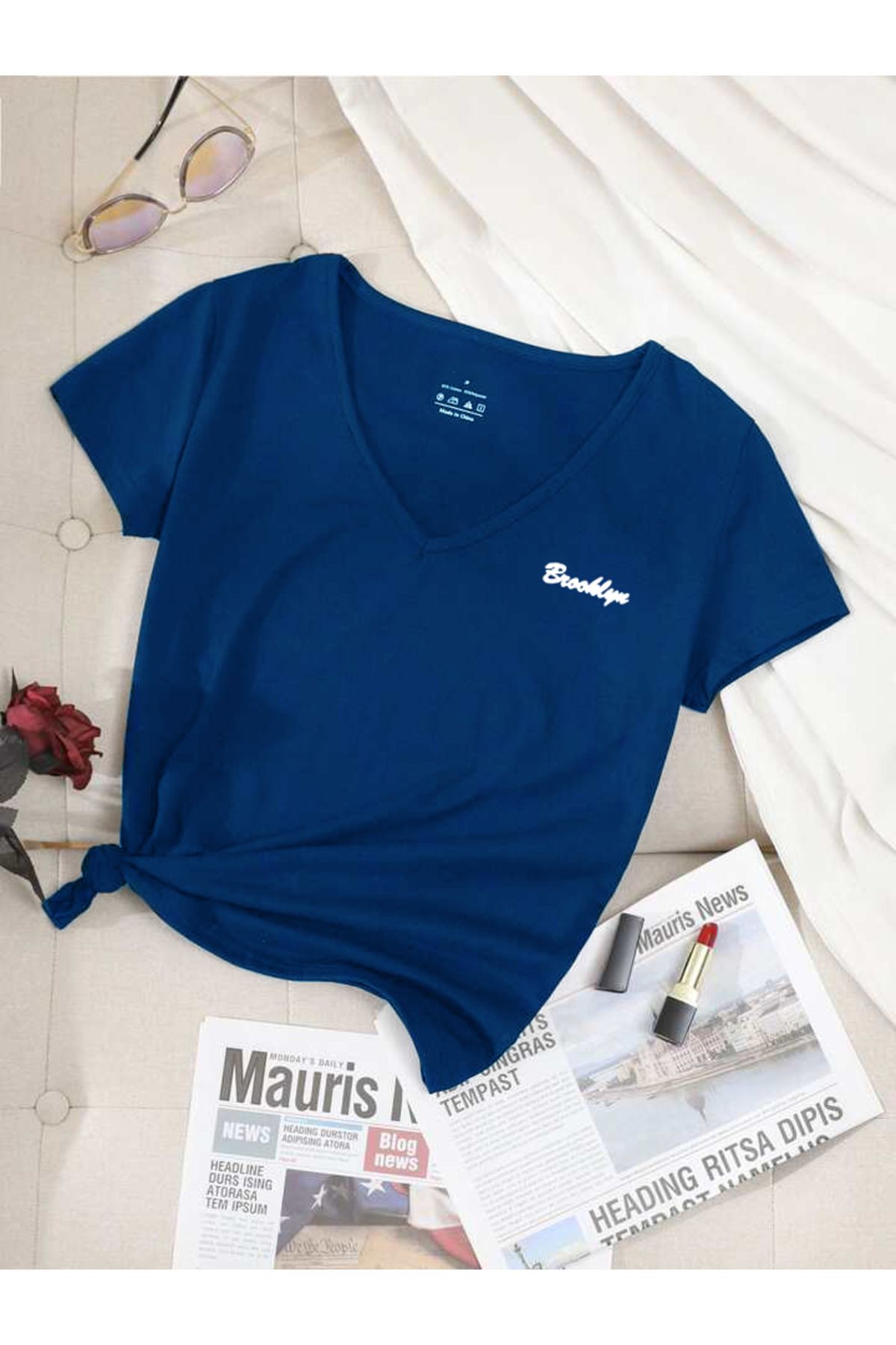 FAVORİST BROOKLYN Baskılı Yazlık V Yaka Tshirt Regular Kalıp