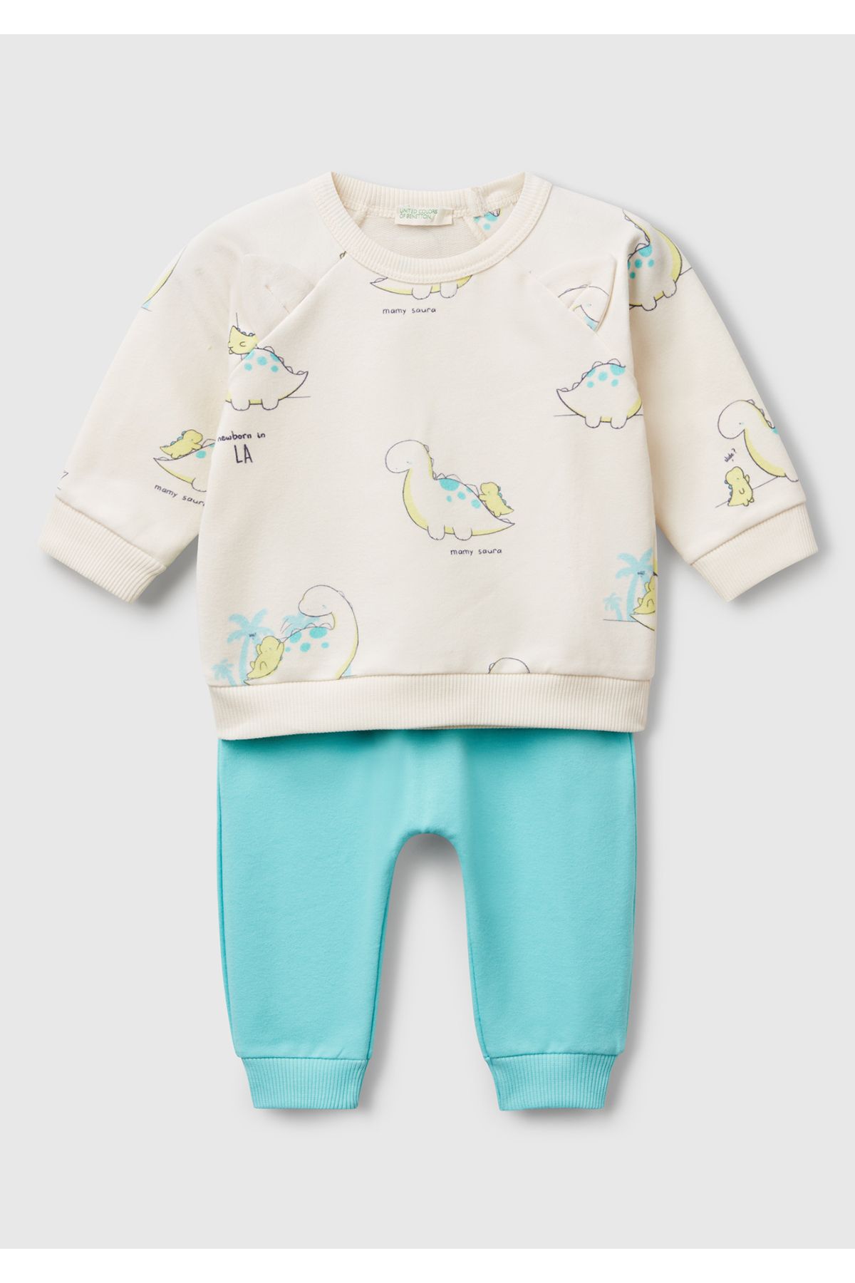United Colors of Benetton Bebek Ekru Desenli Ribanalı Sweatshirt ve Beli Lastikli Eşofman Altı Takım