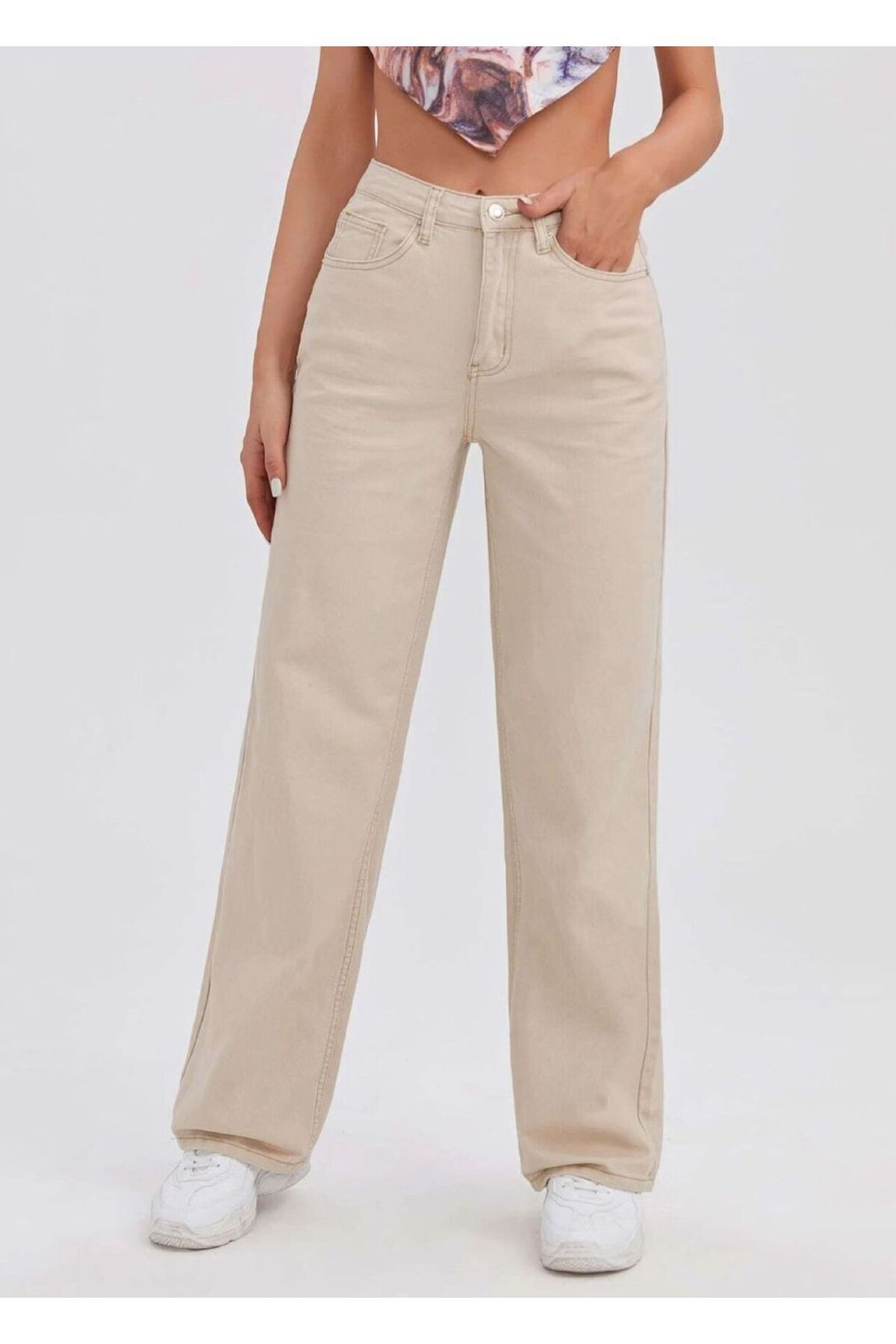 Shield Life BEJ Palazzo Geniş Paça Straight Wide Leg Bol Paça Oversize Kadın Süper Yüksek Bel Kot Pantolon
