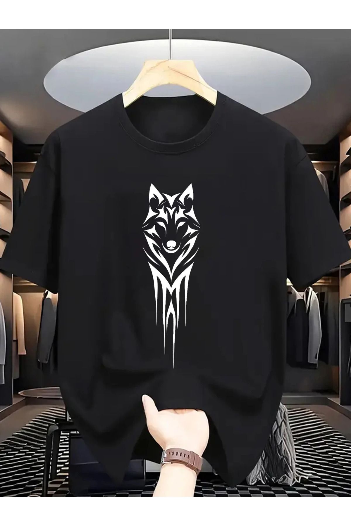 aynewmoda Erkek Günlük Yaz Siyah Tişört [Hafif His] Şık Kurt Baskısı - Kısa Kollu