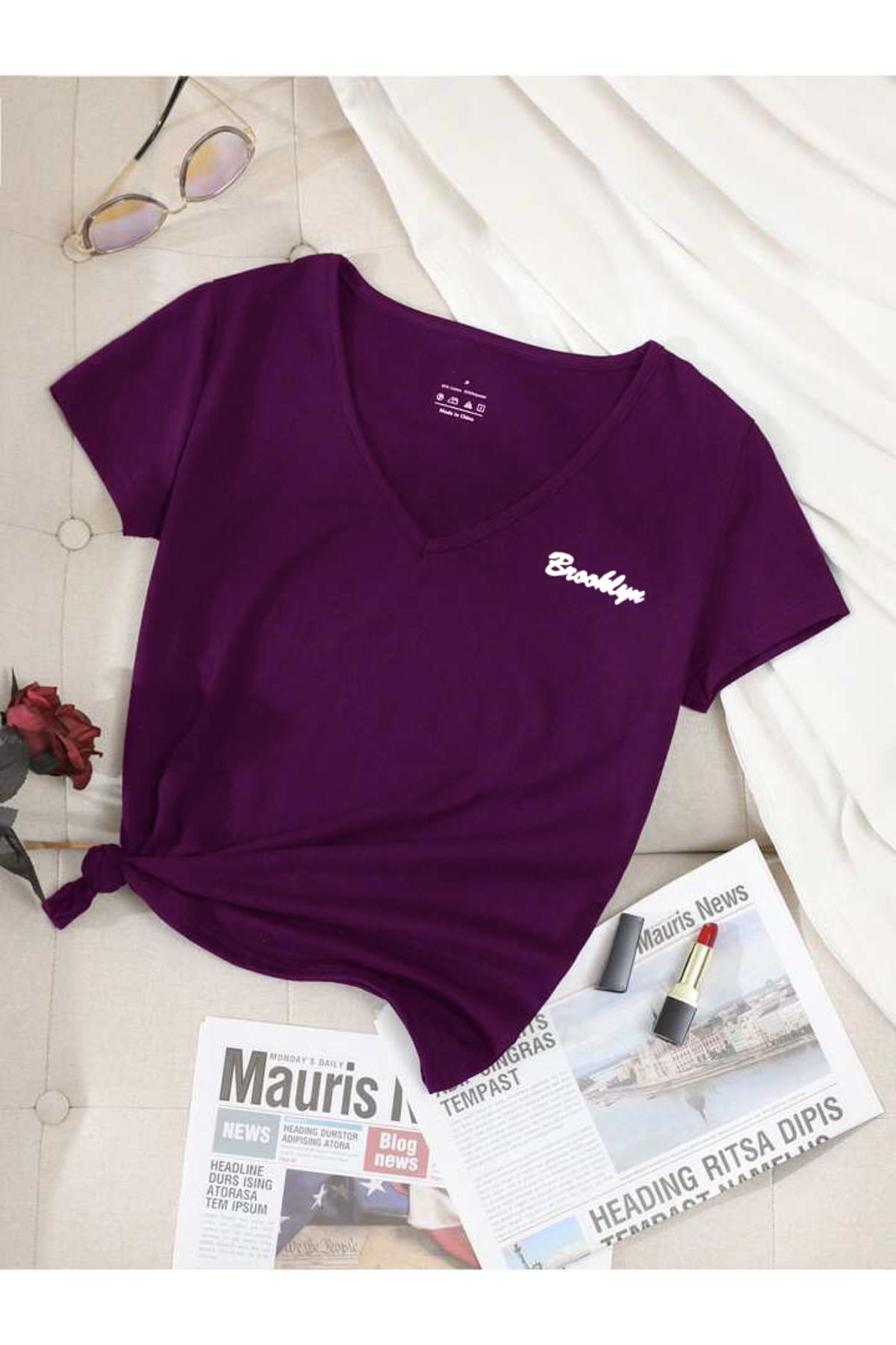 FAVORİST BROOKLYN Baskılı Yazlık V Yaka Tshirt Regular Kalıp
