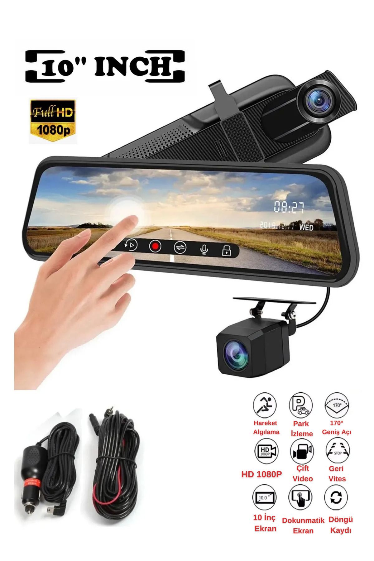 BEKAZE 10 İnç Dikiz Aynası Araç Kamerası Full HD 1080P Tam Ekran Dokunmatik Geri Görüş Kamerası