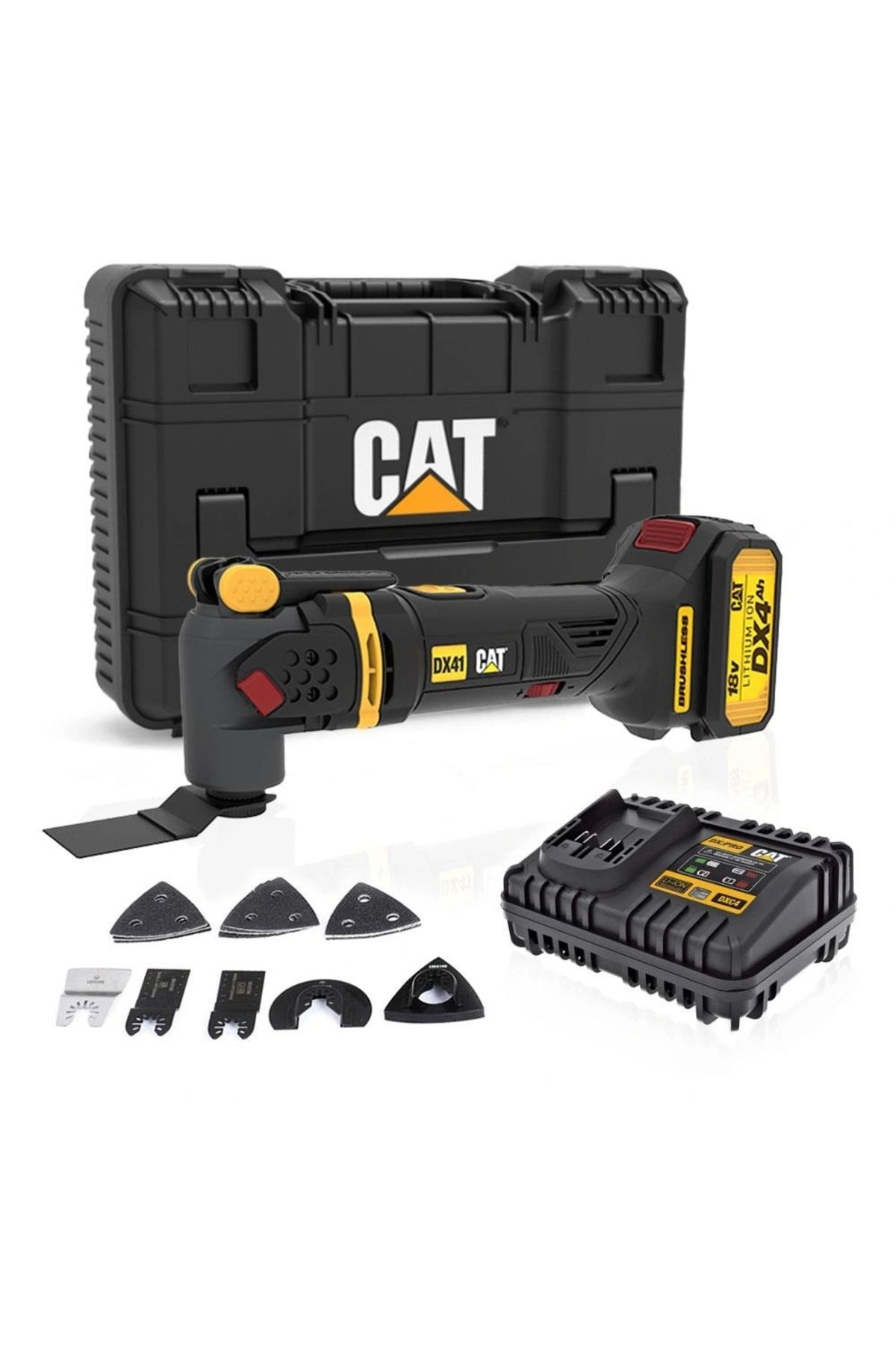 ShopNova CAT DX41 18Volt/4.0Ah Li-ion Tek Akülü Kömürsüz Profesyonel Çok Amaçlı Devir Ayarlı Raspalama+14 Ade
