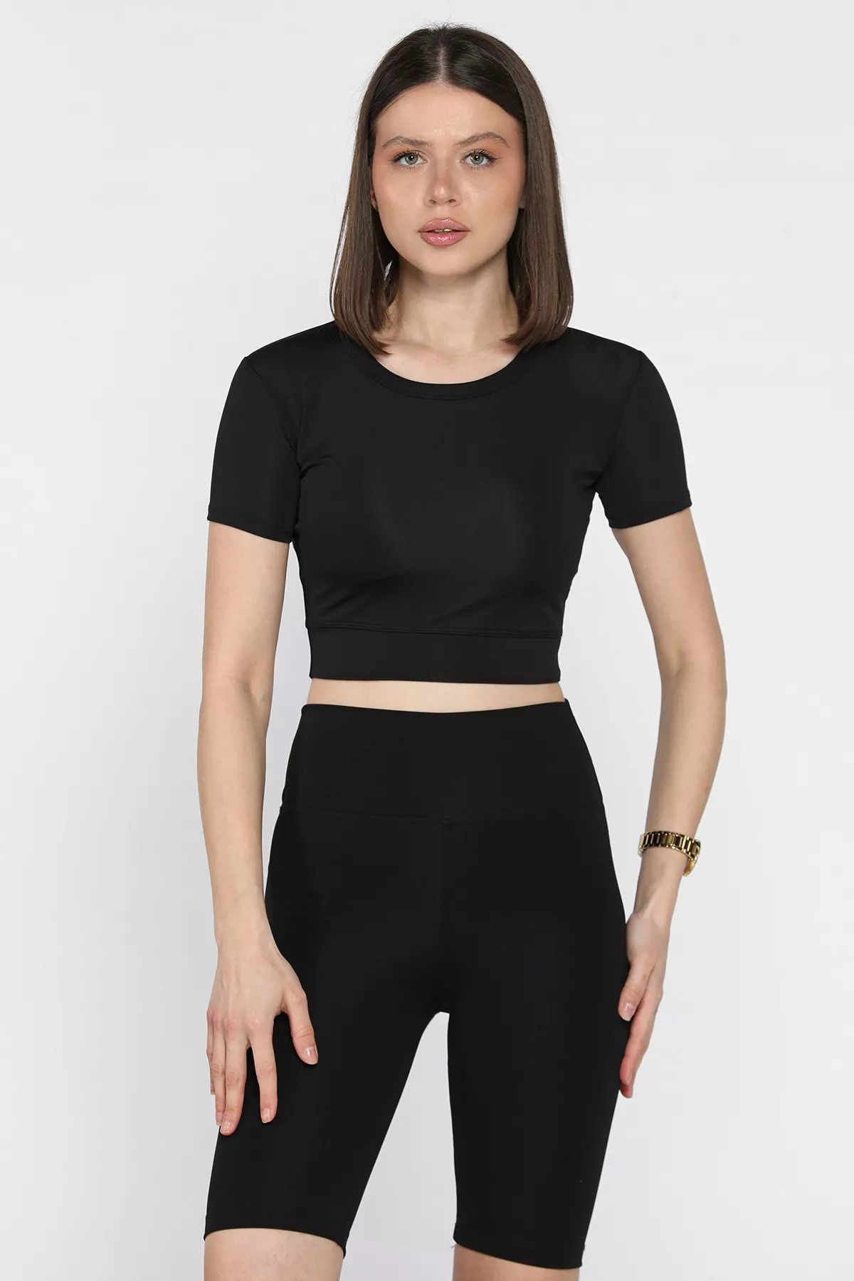 GÜLSELİ Siyah Kadın Ön Fermuarlı Modal Kumaş Crop Top Bluz