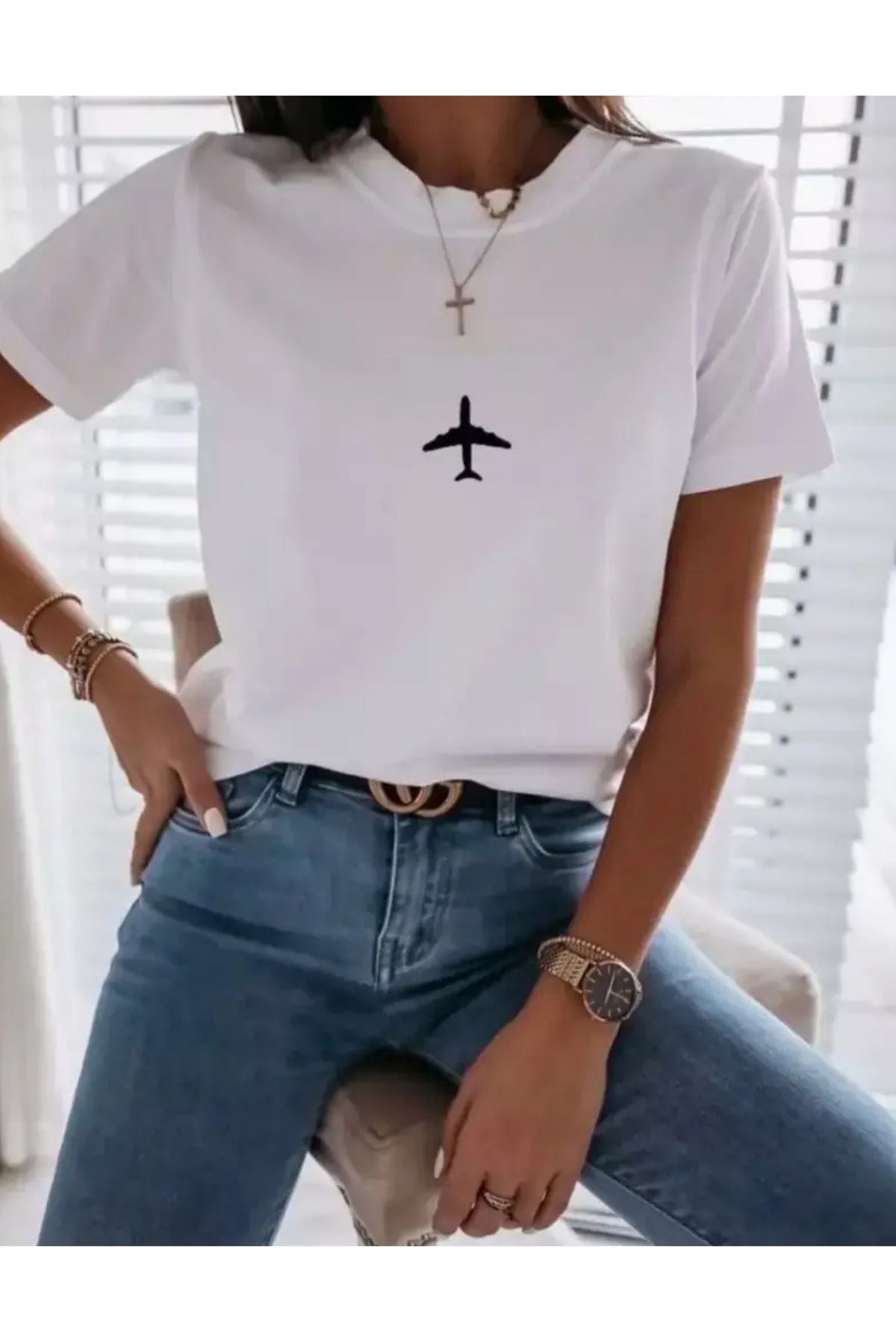SAJA Kadın/Kız Transfer Baskılı Oversize Düşük Kol Bisiklet Yaka T-Shirt