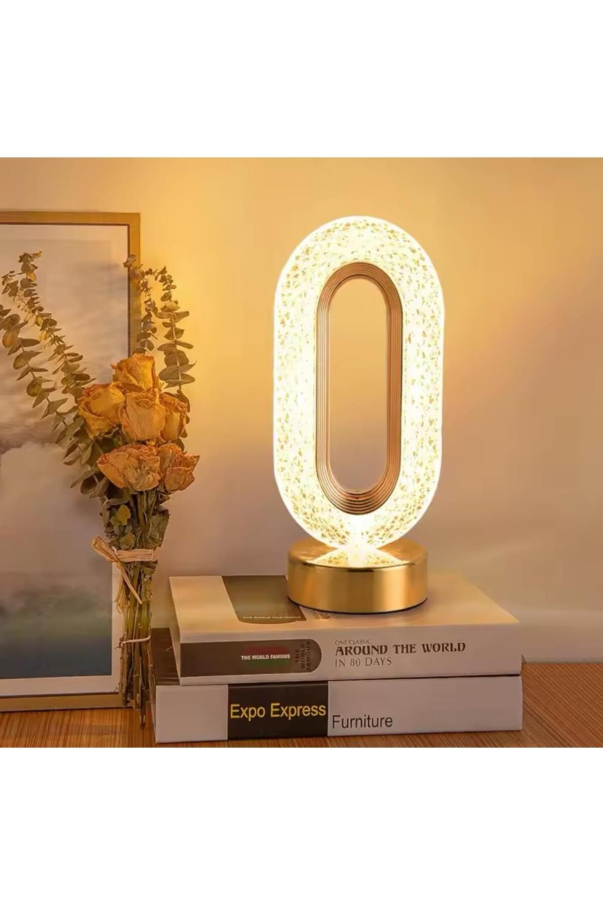 nesever store Dekoratif Gold Desenli Dokunmatik USB Şarjlı Dikdörtgen Modern Tasarım Gece Lambası