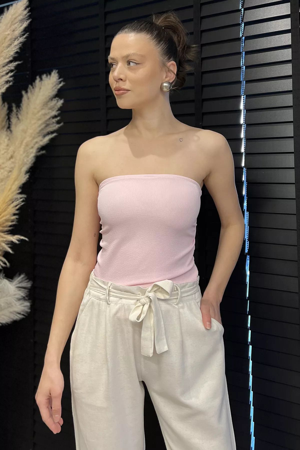 GÜLSELİ Pembe Kadın Yan Büzgü Detaylı Straplez Bluz