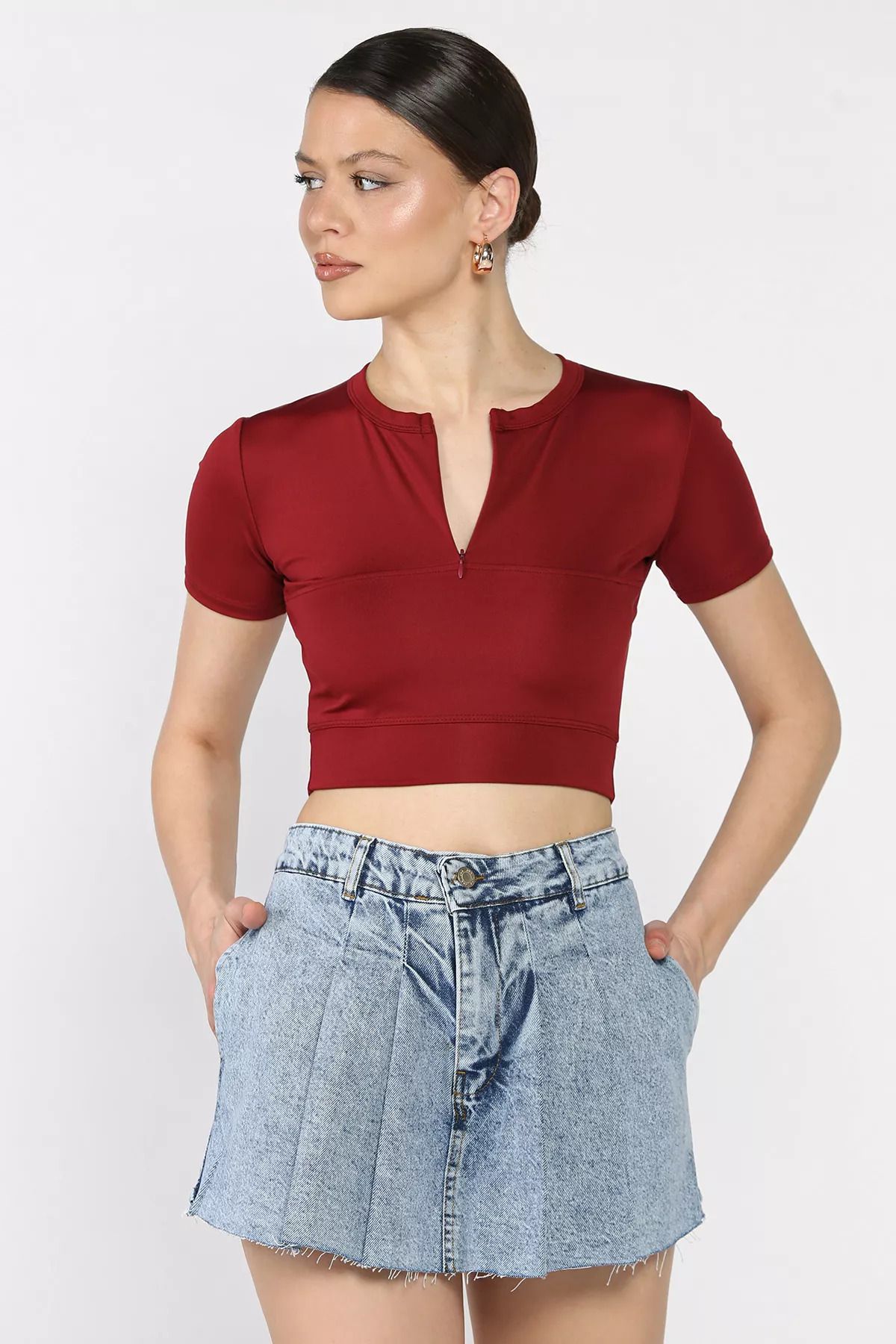 GÜLSELİ Bordo Kadın Ön Fermuarlı Modal Kumaş Crop Top Bluz