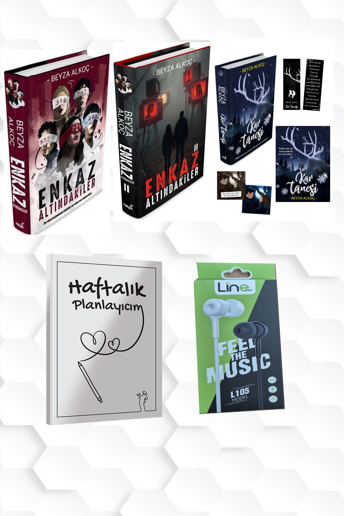 İndigo Kitap CİLTLİ-BEYZA ALKOÇ-ENKAZ ALTINDAKİLER 1 VE 2 -KAR TANESİ+HAFTALIK PLANLAYICIM (52 HAFTA) KULAKLIK