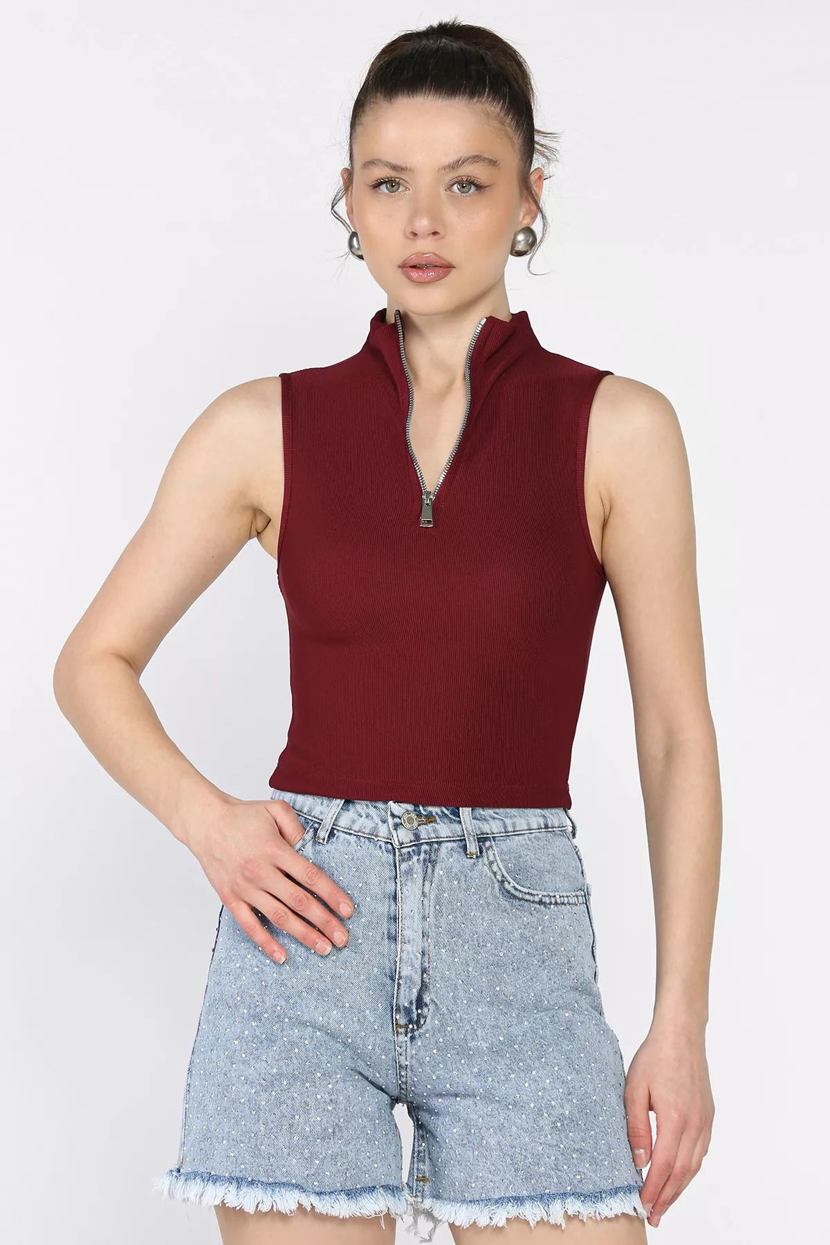 GÜLSELİ Bordo Kadın Yarım Fermuarlı Fitilli Crop Top Bluz