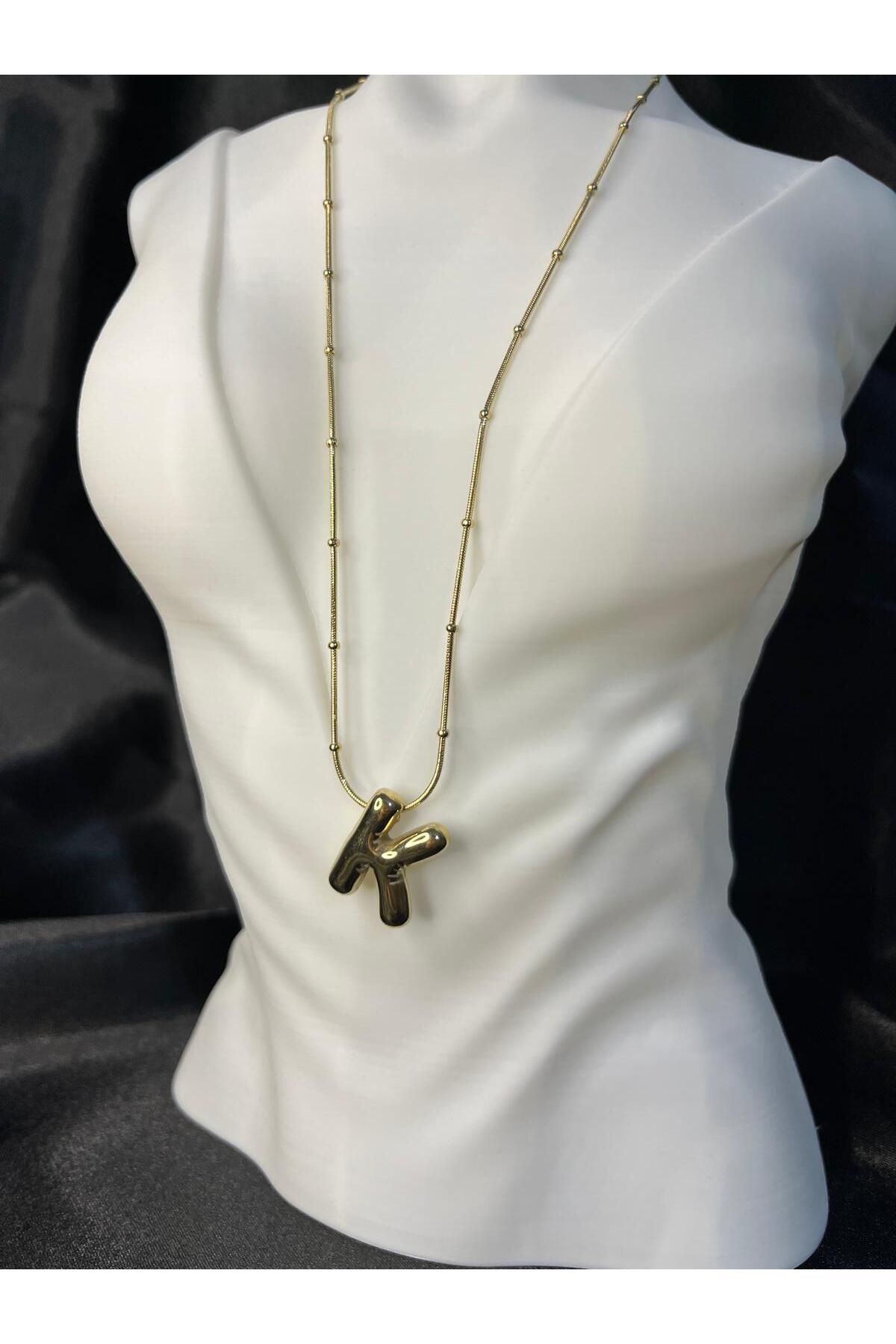 BERCHEM SCARF Kadın Gold Renk Zincirli Büyük "K "Harf Kişiye Özel-Modern Tasarım