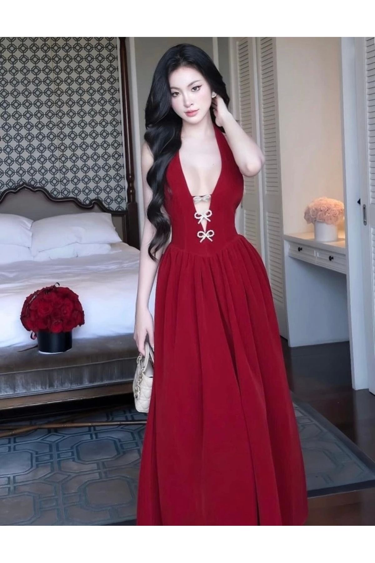 Butik Kadın Derin V Yaka Kurdele Detaylı İthal Double Kumaş Elbise