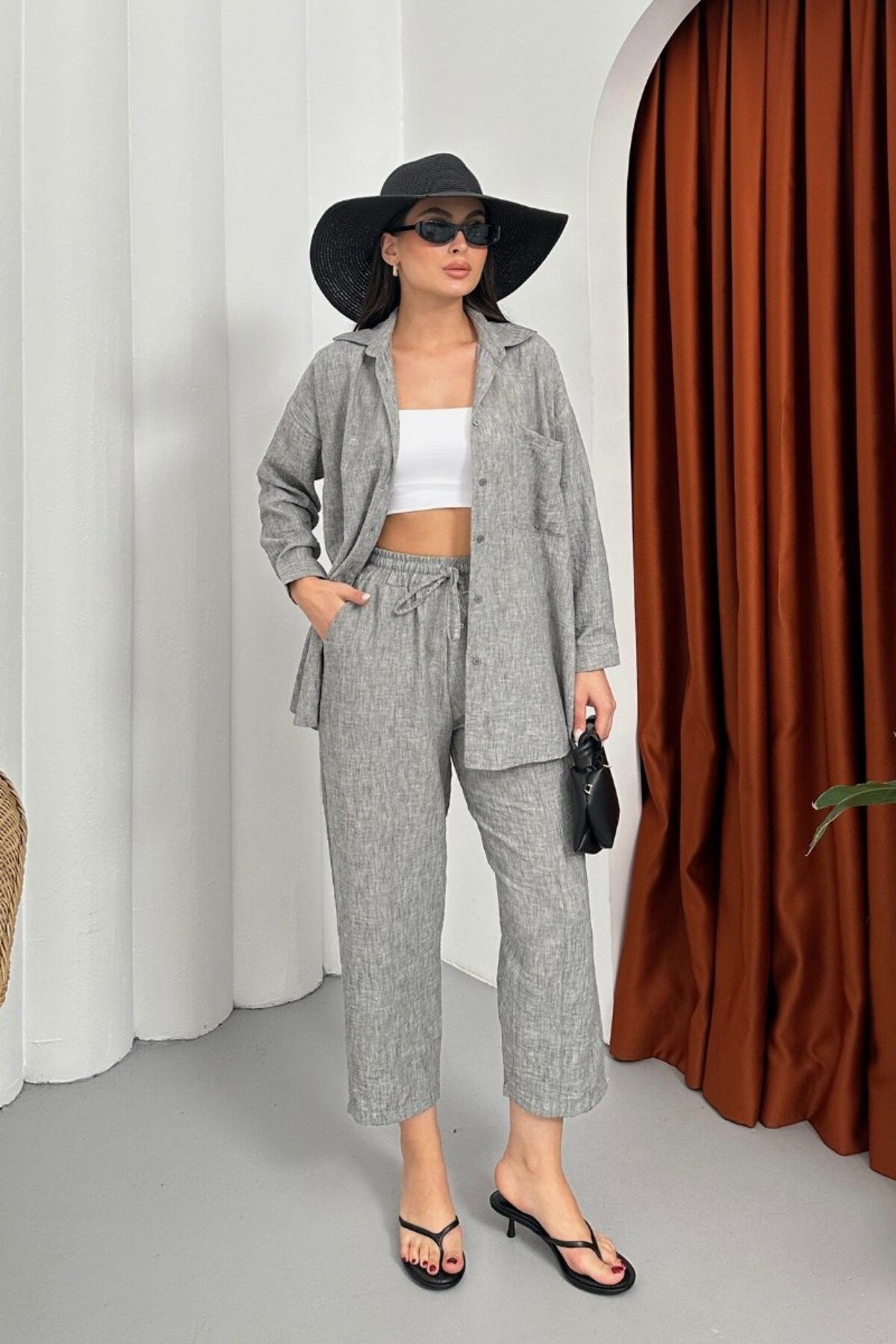 msm fashion Kadın Alt Üst Takım Yazlık Keten Cep Detaylı Pantolon Gömlek İkili Takım