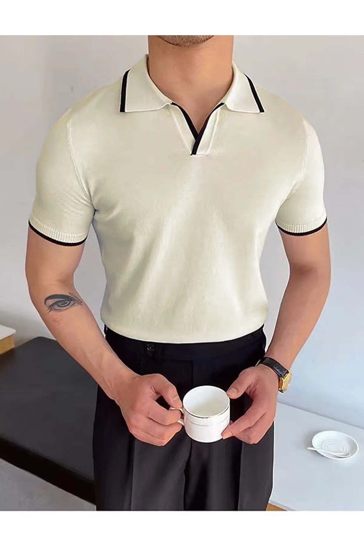 CULTURE BOUTIQUE Erkek Polo Yaka Triko T-shirt Beyaz Çizgi Detaylı