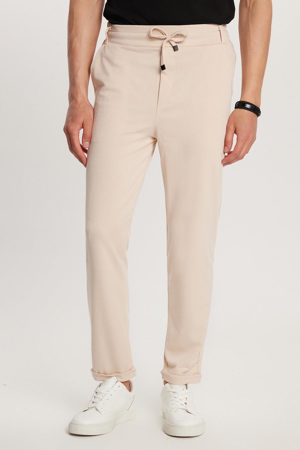 Tudors Erkek Slim Fit Pamuklu Beli Bağlamalı Yan Cepli Jogger Bej Pantolon