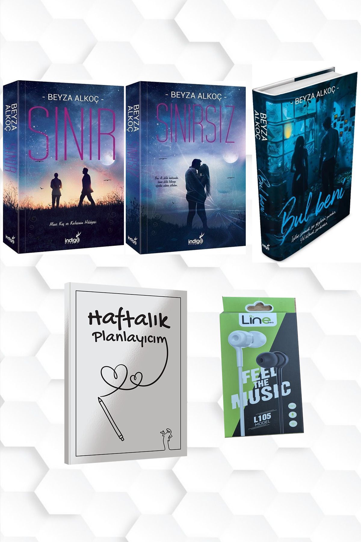 İndigo Kitap CİLTLİ-BEYZA ALKOÇ-SINIR-SINIRSIZ-BUL BENİ+HAFTALIK PLANLAYICIM (52 HAFTA) KULAKLIK
