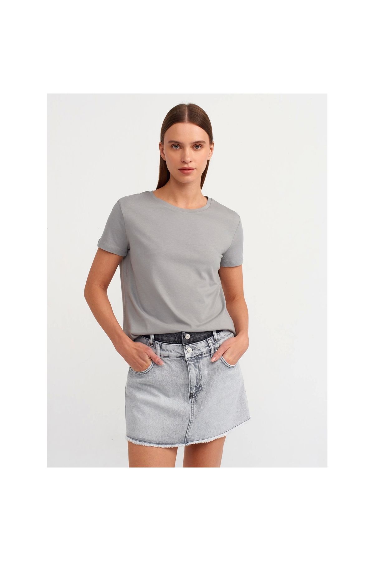 OllaCollection Bisiklet Yaka Basic T-Shirt-Gri