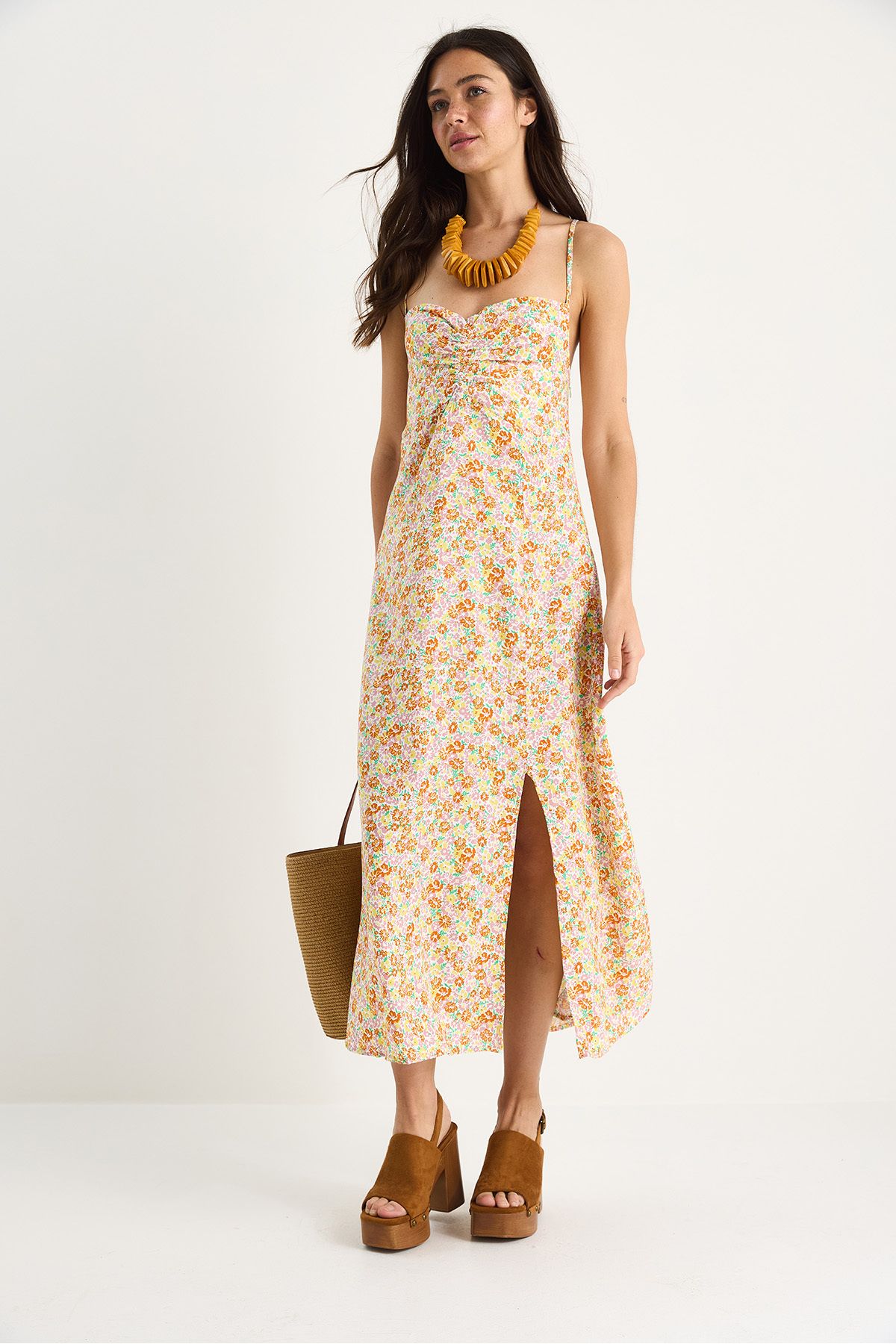 Bianco Lucci-Women's Floral Patterned Thin Strap Gipe Detailed Slit Viscose Dress 4071 60283391 3