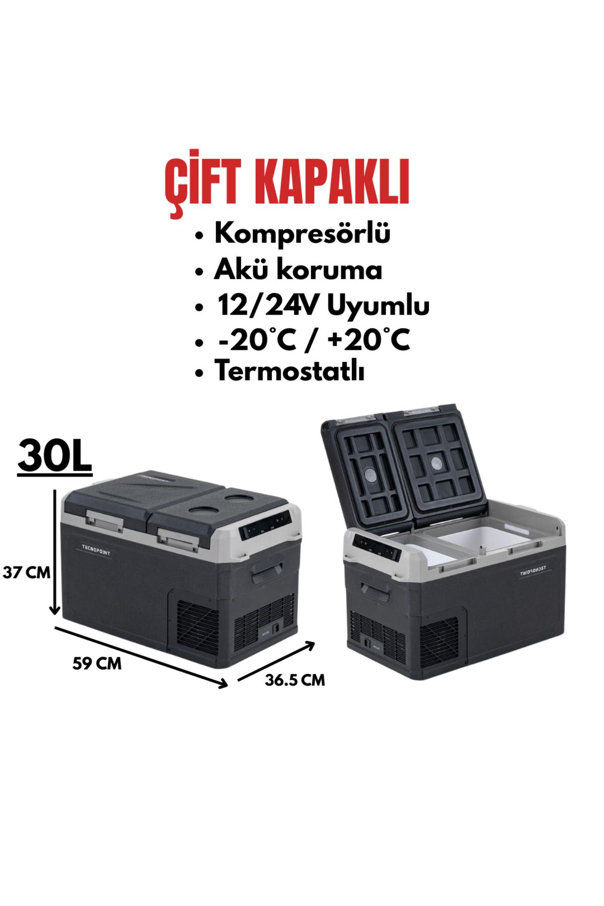 Yirmiyedi 30L ÇİFT KAPAK TAŞINABİLİR BUZDOLABI 12/24 UYUMLU (KOMPRESÖRLÜ)