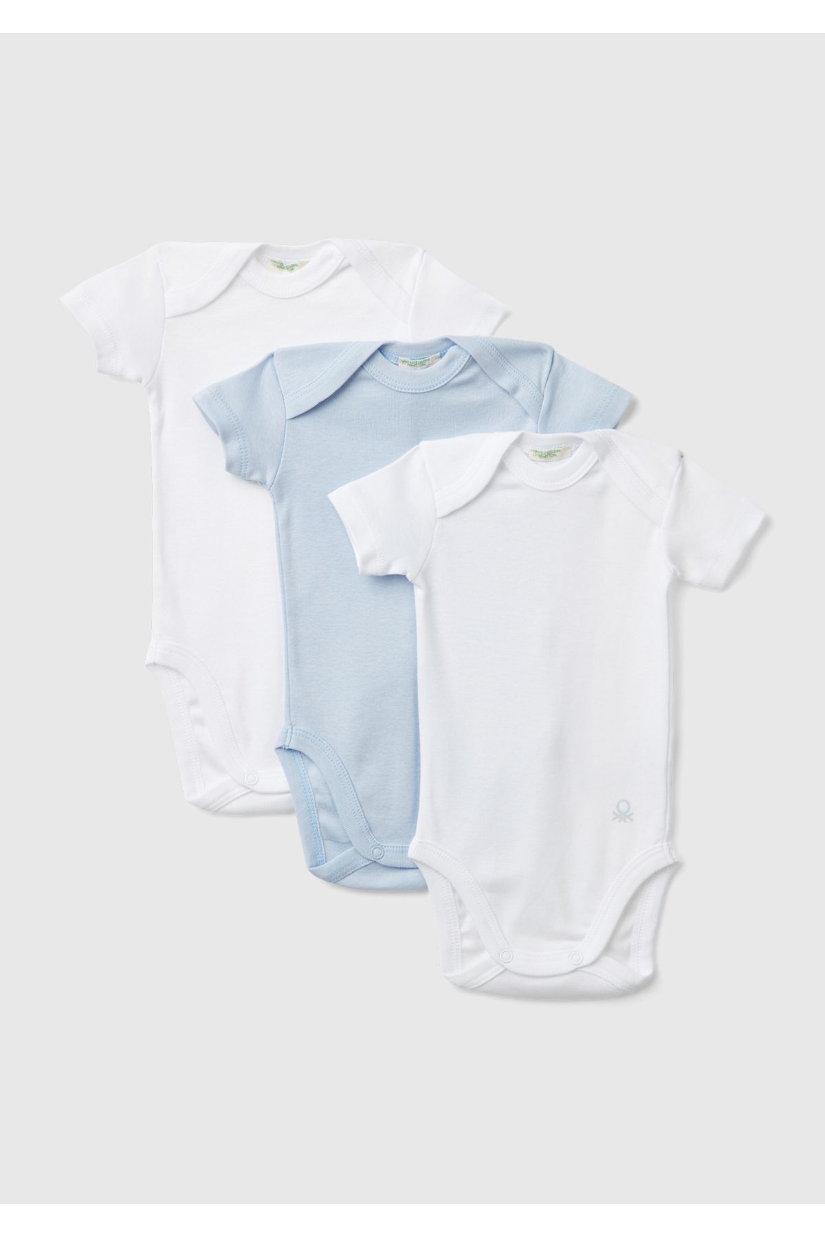 United Colors of Benetton Bebek Beyaz-Mavi Kısa Kollu 3'lü Çıtçıtlı Body