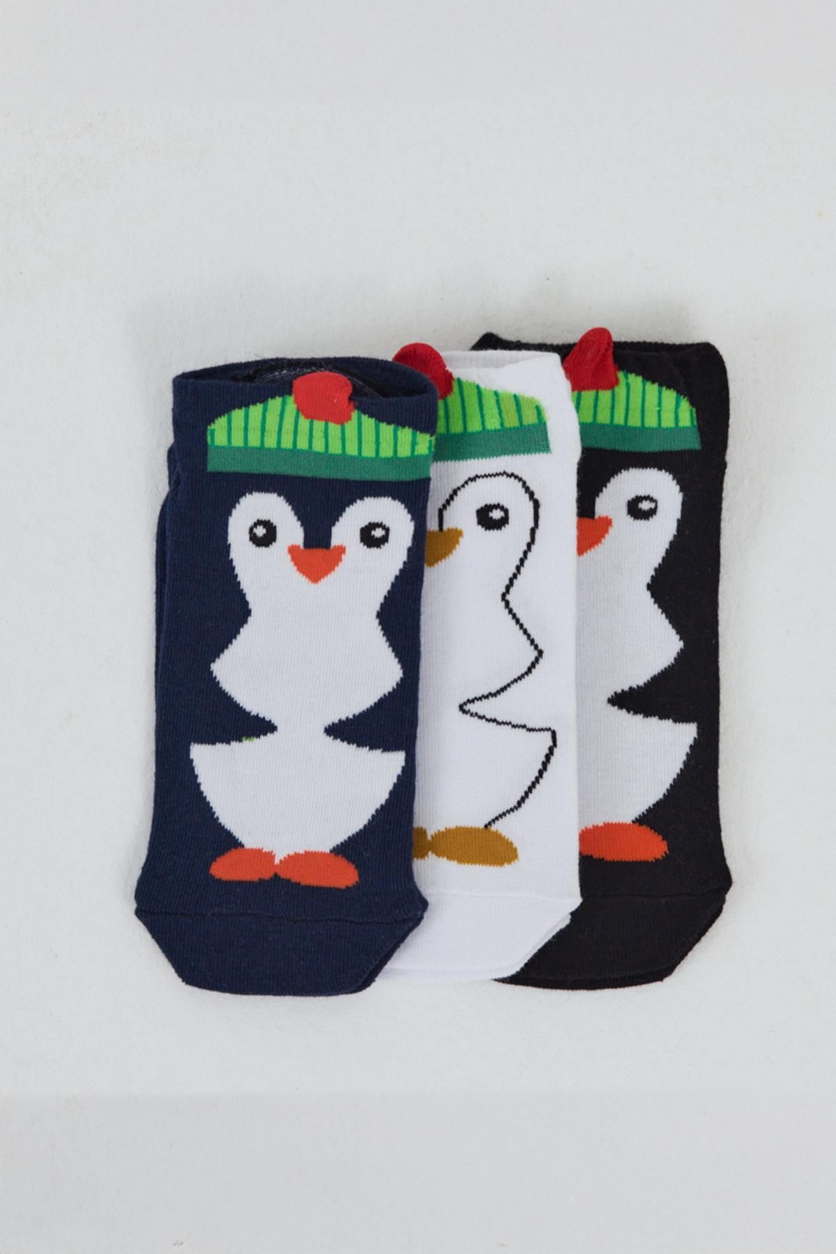 Rays Renkli 3'lü Penguen Desenli Örme Patik Çorap 1104