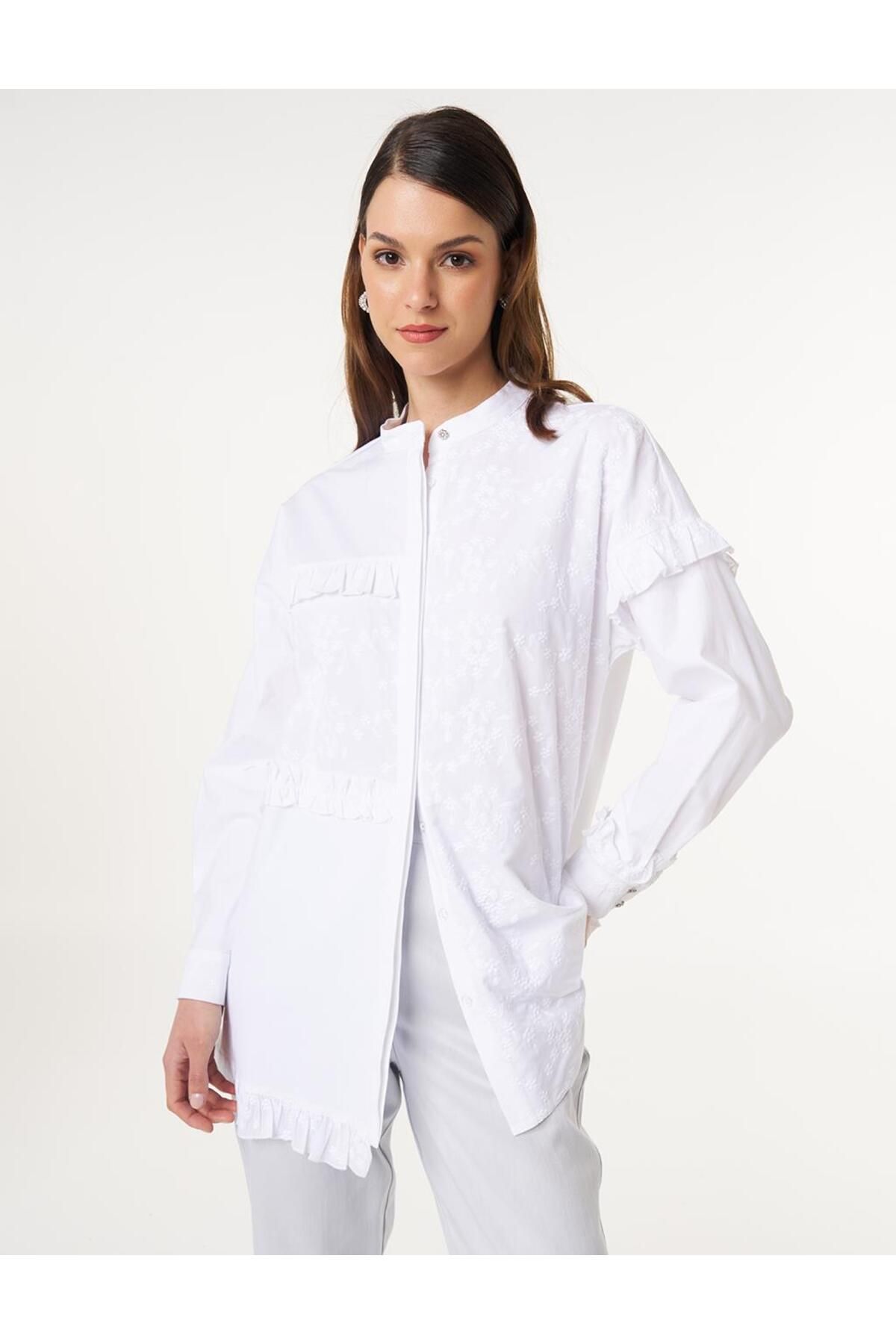 Kayra Floral Desenli Fırfırlı Pamuklu Tunik Optik Beyaz KA-B25-11016-02