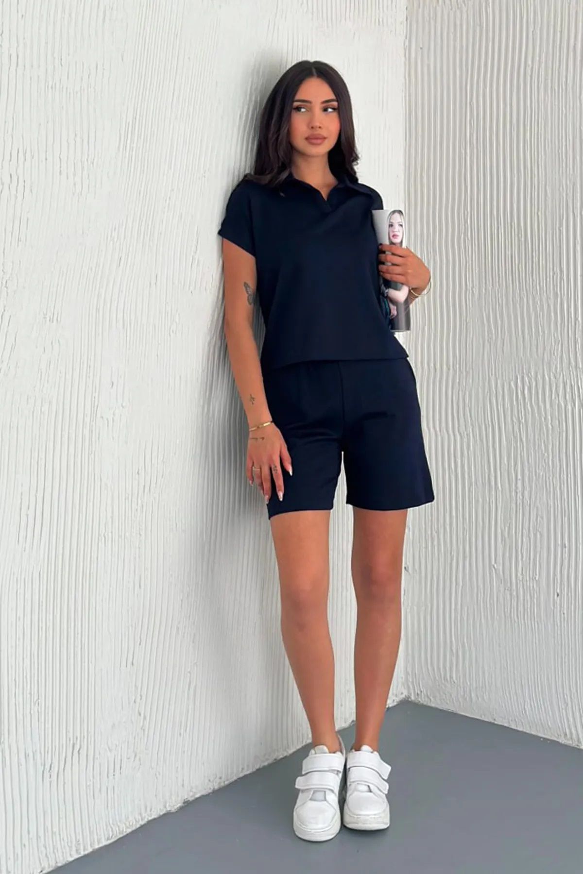 Trendy Butik Kadın Modal Kumaş Mevsimlik Şortlu Takım-Lacivert