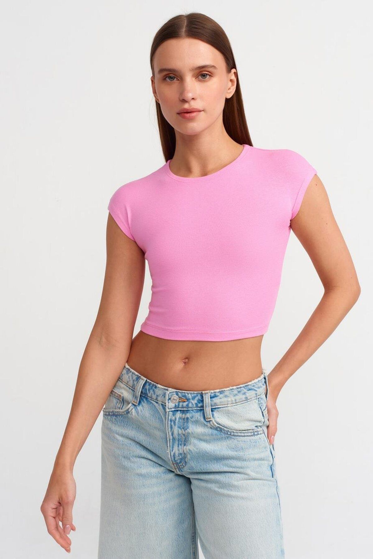 Nazen Giyim KISA KOLLU PEMBE KADIN CROP 30528-2Y5