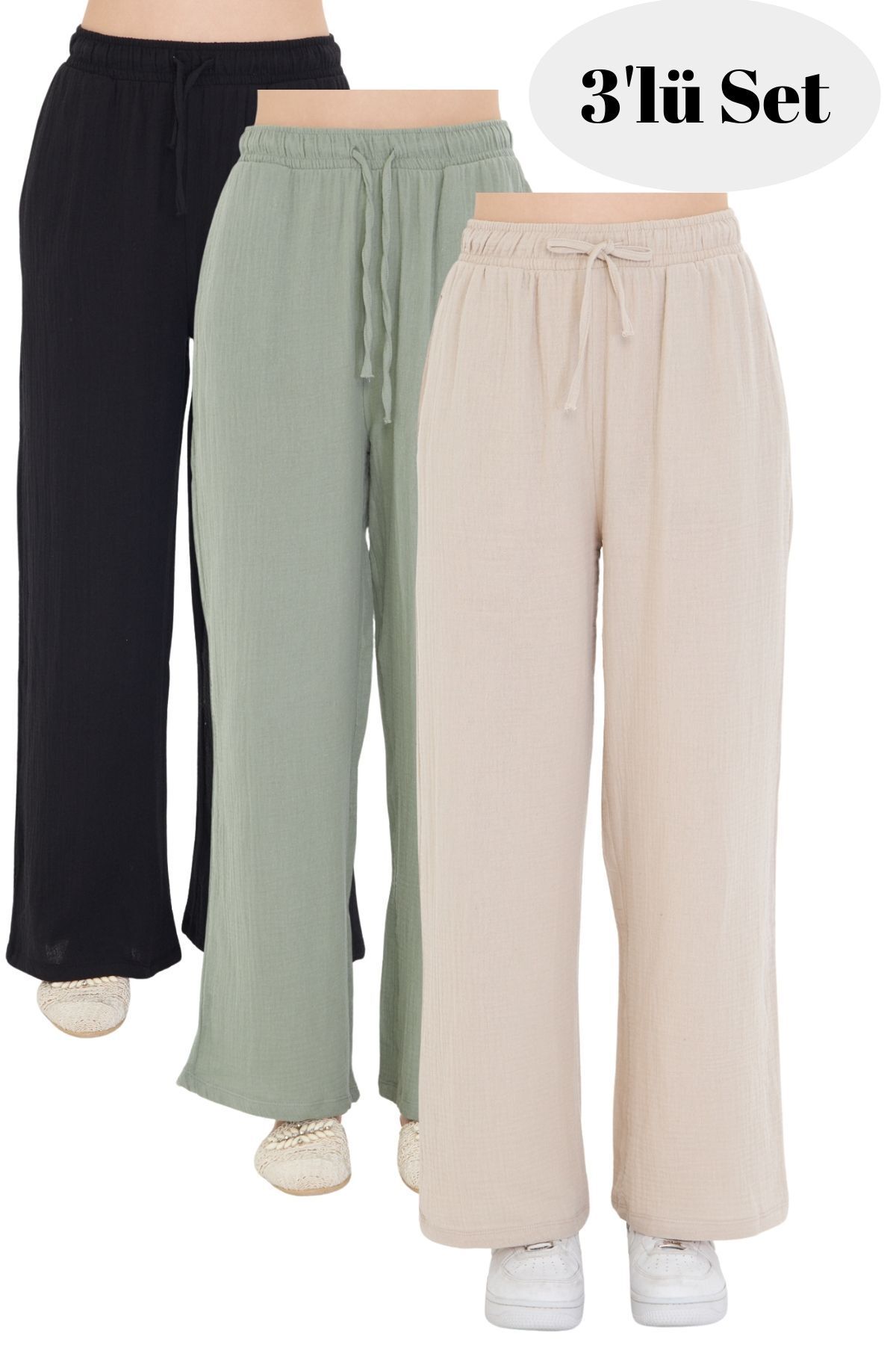 THIFF GYMWEAR Kadın Bol Paça Müslin Pantolon 3'Lü Set