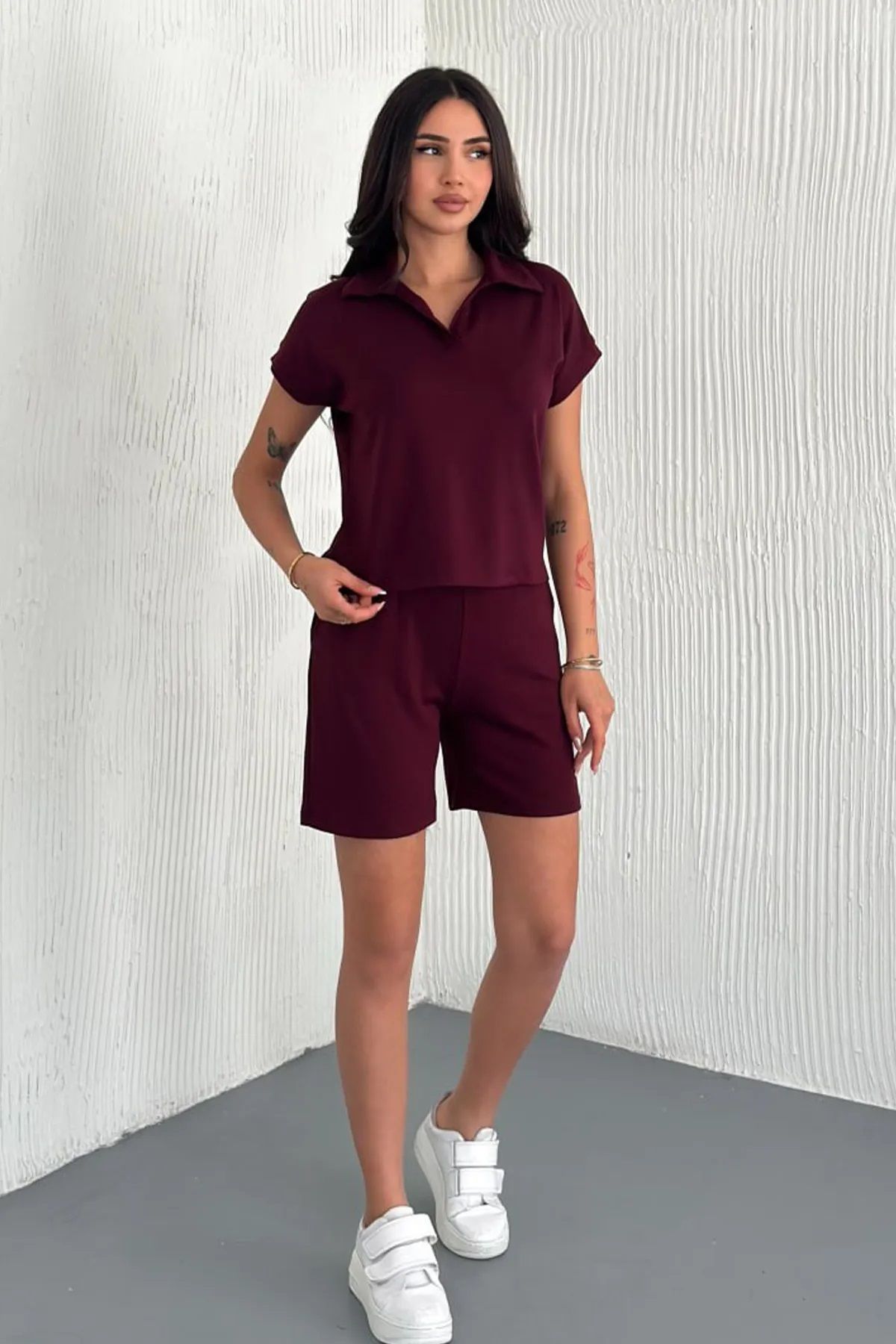 Trendy Butik Kadın Modal Kumaş Mevsimlik Şortlu Takım-Bordo