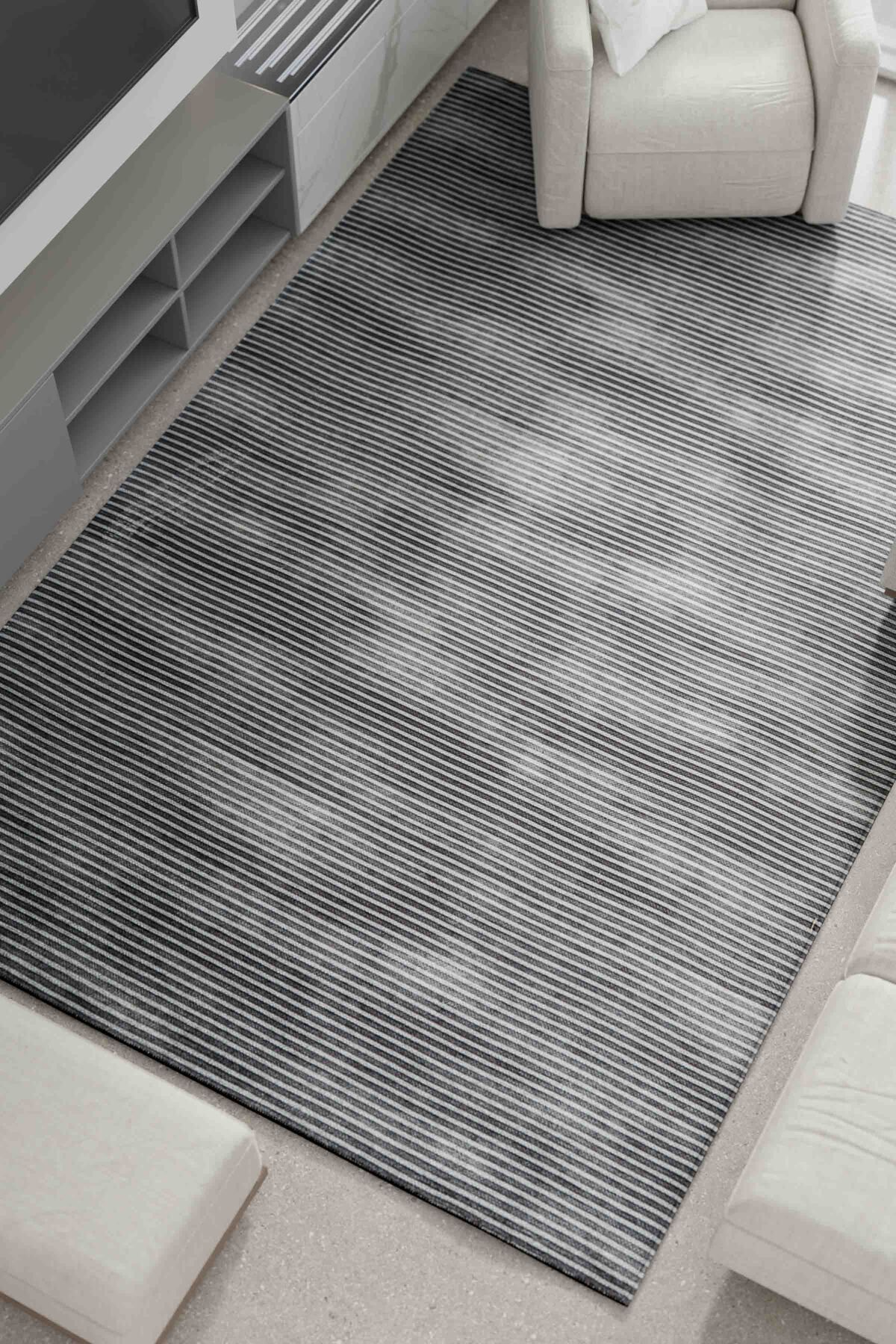 Serente Home Çizgi Desenli Yıkanabilir Kaymaz Taban Şönil Halı Antrasit Yolluk 4156