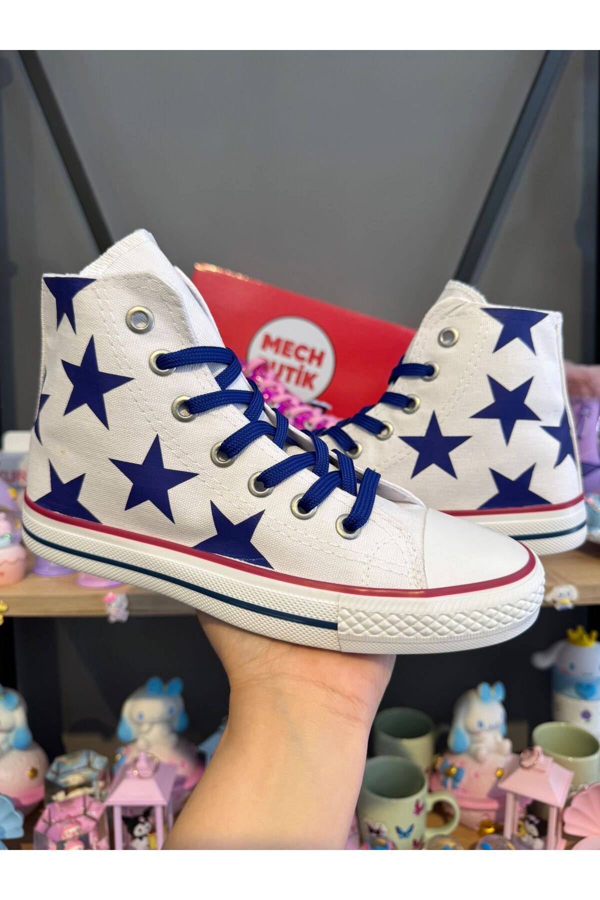 MECH BUTİK Mavi Yıldız Baskılı Beyaz Bilekli Keten Unisex Kadın-Erkek Spor Ayakkabı Sneaker