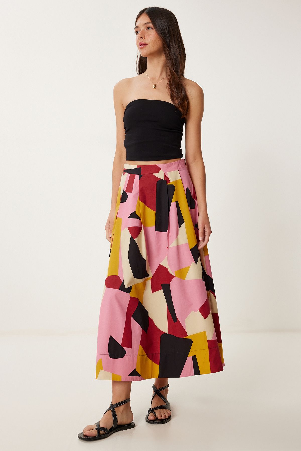 Lovelyİstanbul Desenli Poplin Midi Dokuma Etek PEMBE KREM LCR0079