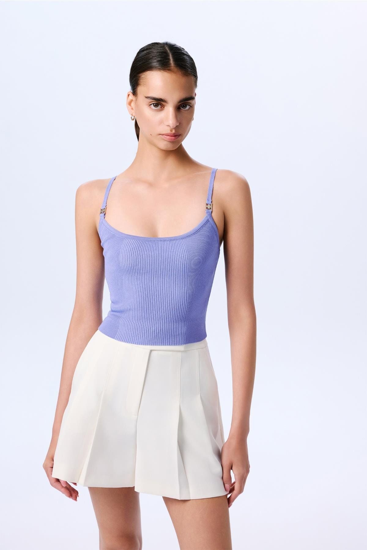 rue. İnce Askılı Şeritli Crop Triko İndigo Bluz