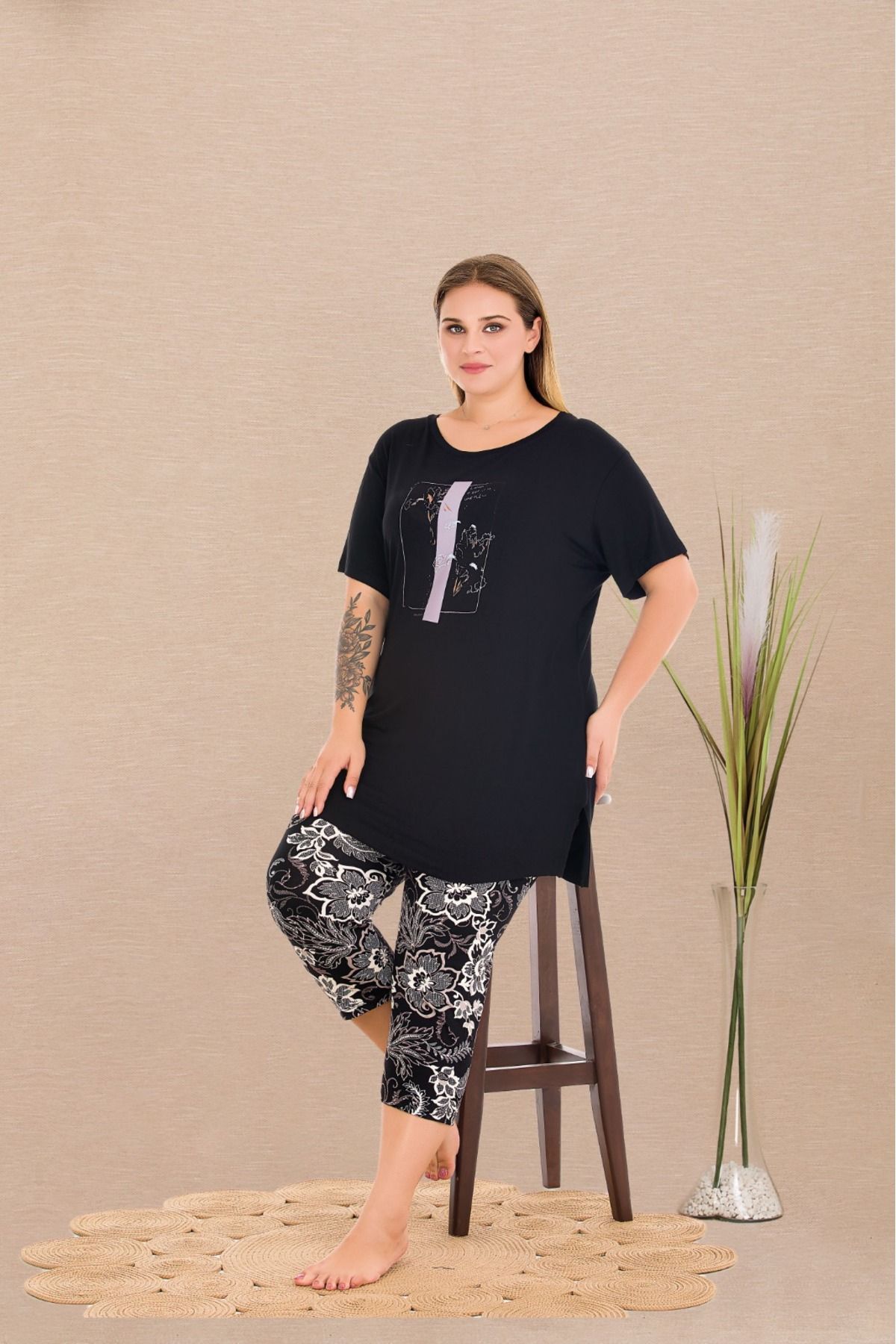 Lady Lingerie Kısa Kollu,Çiçek Desenli,Kaprili Battal Beden Kadın Pijama Takımı