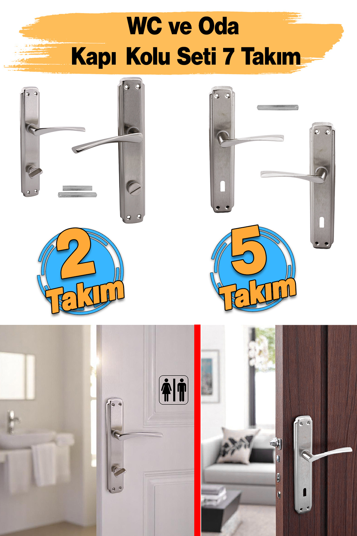 Badem10-Room Door Handle (5 Sets) + Wc Bathroom Door Handle (2 Sets) Toilet Door Handle Set Suitable for Right and Left 1